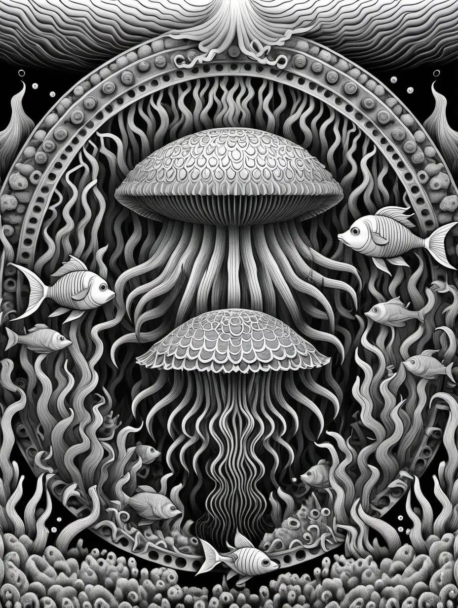 adult coloring book, black and white, best linework, high details, no color. 3D symmetrical mandala of unusual sea life near undersea vent.