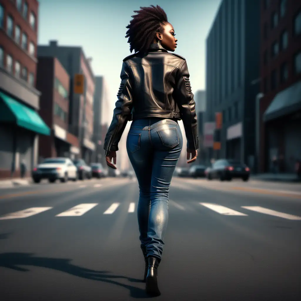  full body shot   African american woman  wearing a leather jacket   jeans back turn walking across the street,, semi realistic cyberpunk style