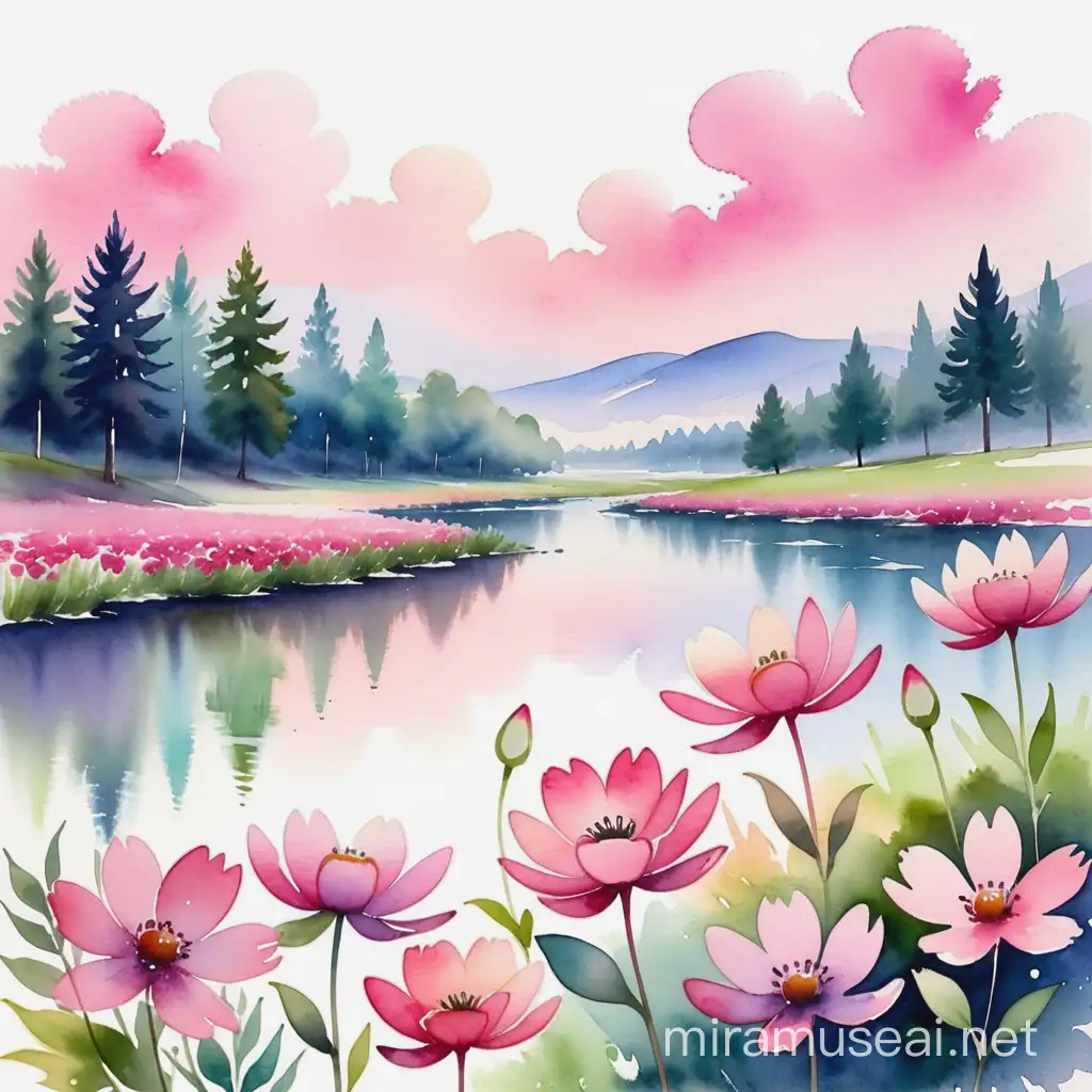 Tranquil Pink Watercolor Flowers Landscape