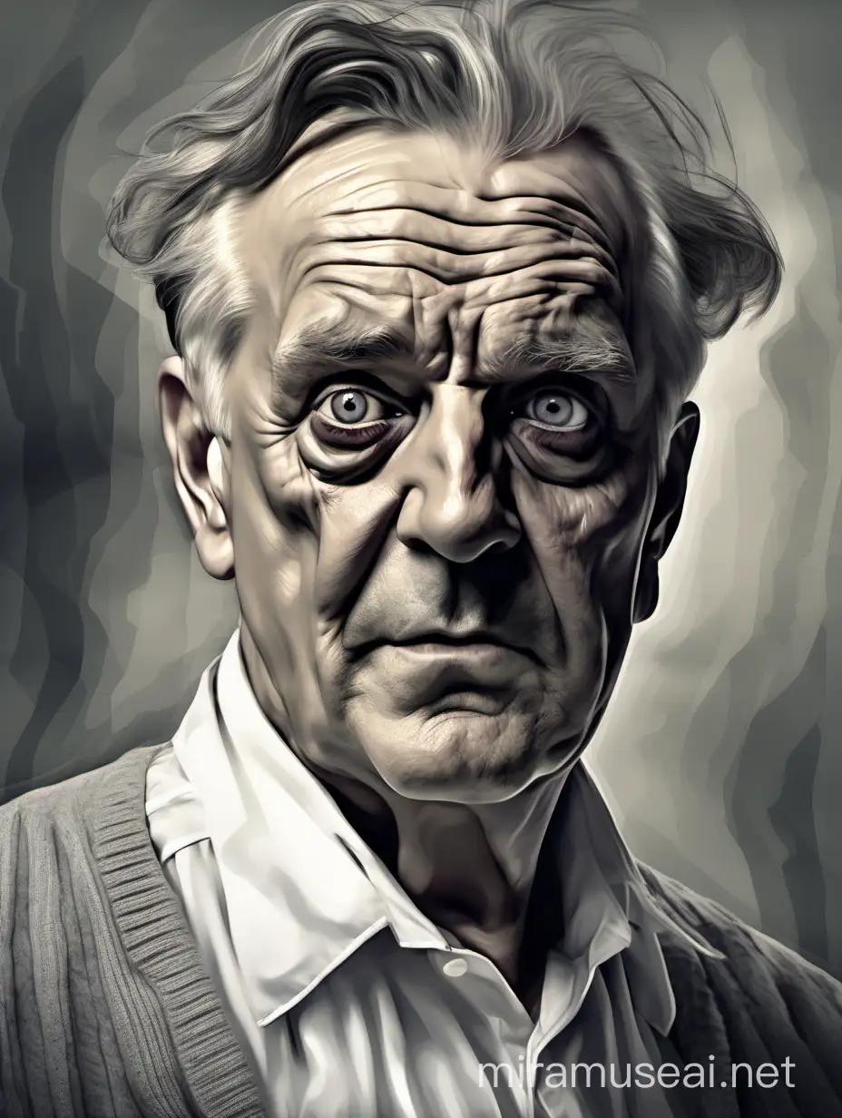 A portrait of a 1920s 59 years Old man. Grey, receiding, ruffled hair. Eyes wide open, scared expression. Clean shaven. Wearing a white shirt and a sweter. Im the style of a digital painting