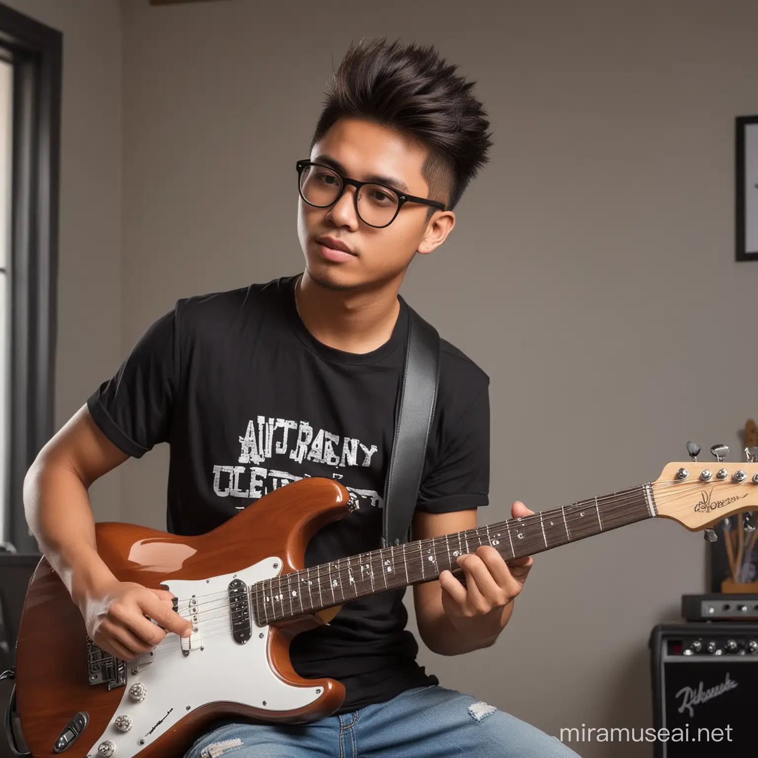 Handsome Filipino Teenager Playing Electric Guitar in Music Room