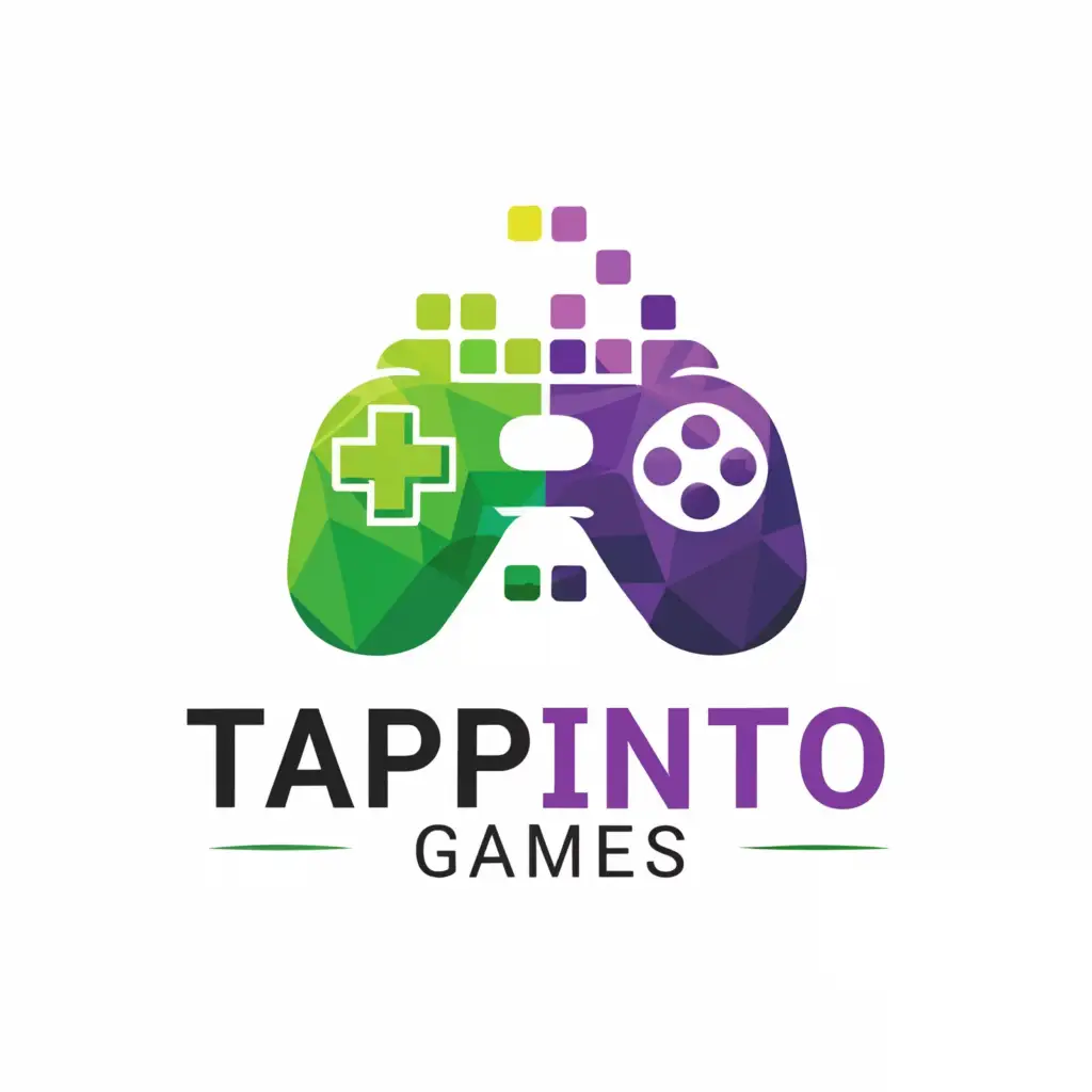 a logo design, with the text 'Tapp Into Games', main symbol: controller buttons, gaming, pixel, complex, be used in Entertainment industry, clear background colors mint green and VIOLET