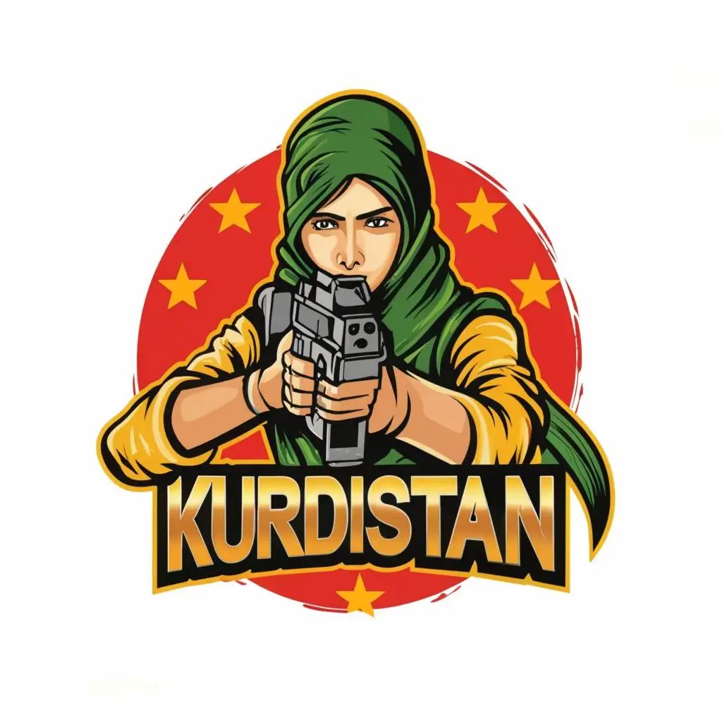 logo, Kurdish female fighter with gun face covered. Use colours green yellow and red., with the text "KURDISTAN", typography, be used in Entertainment industry