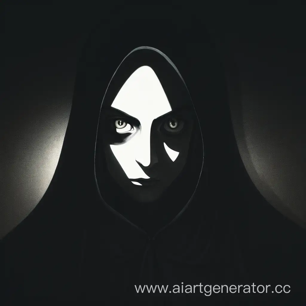 shadowy figure in the dark with grey eyes
