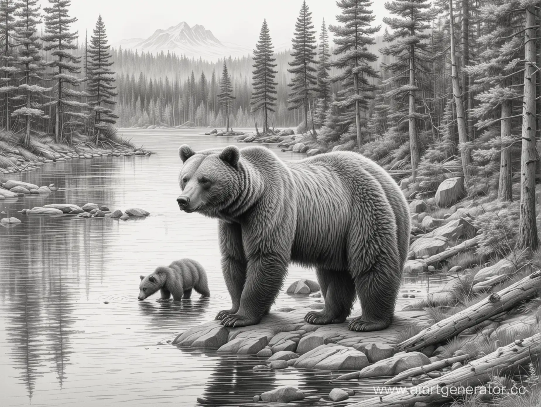 Realistic-Pencil-Drawing-of-Bear-and-Cub-by-Lake-Shore