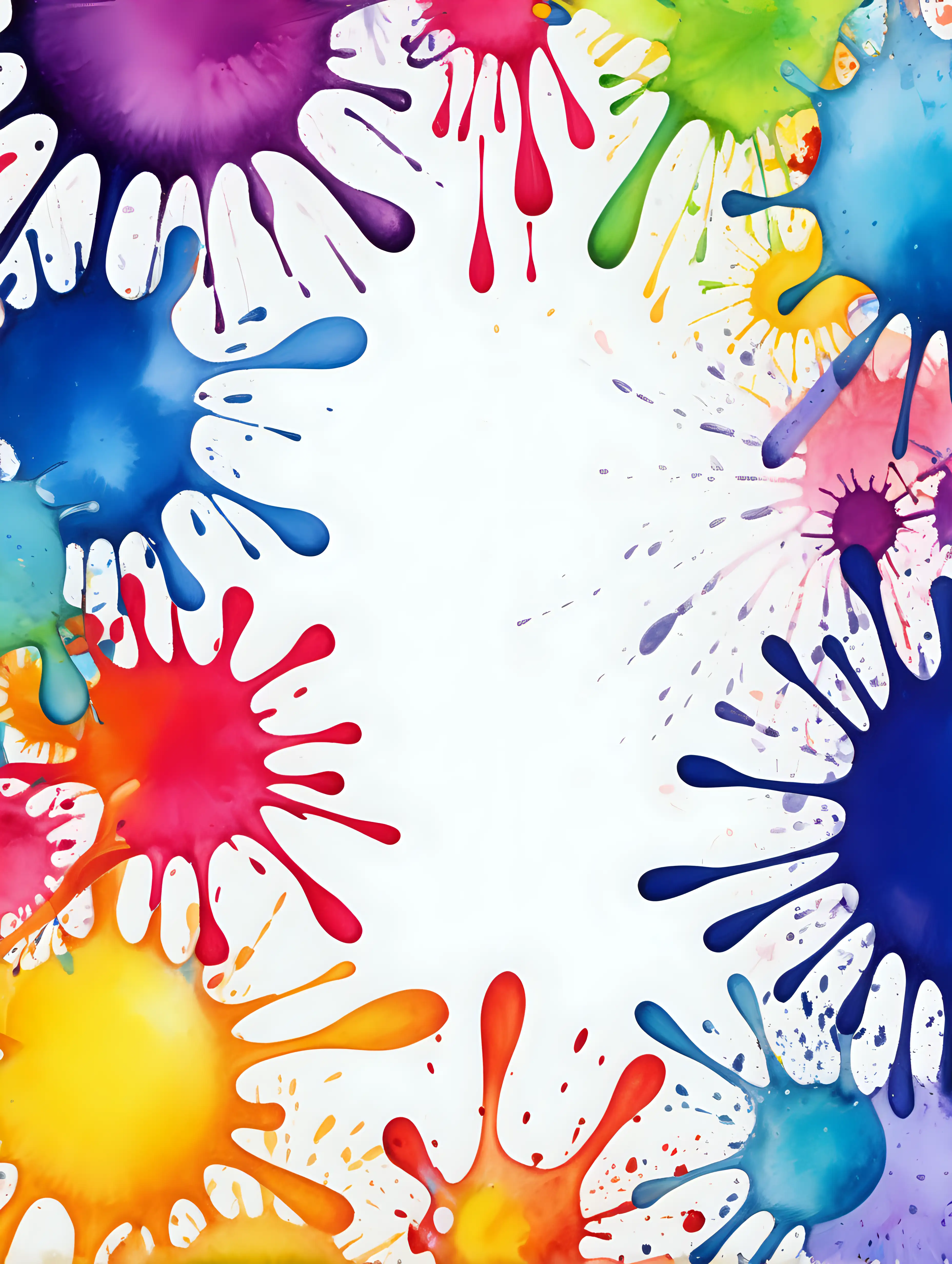 water color styled bright colored paint splatter border with white background