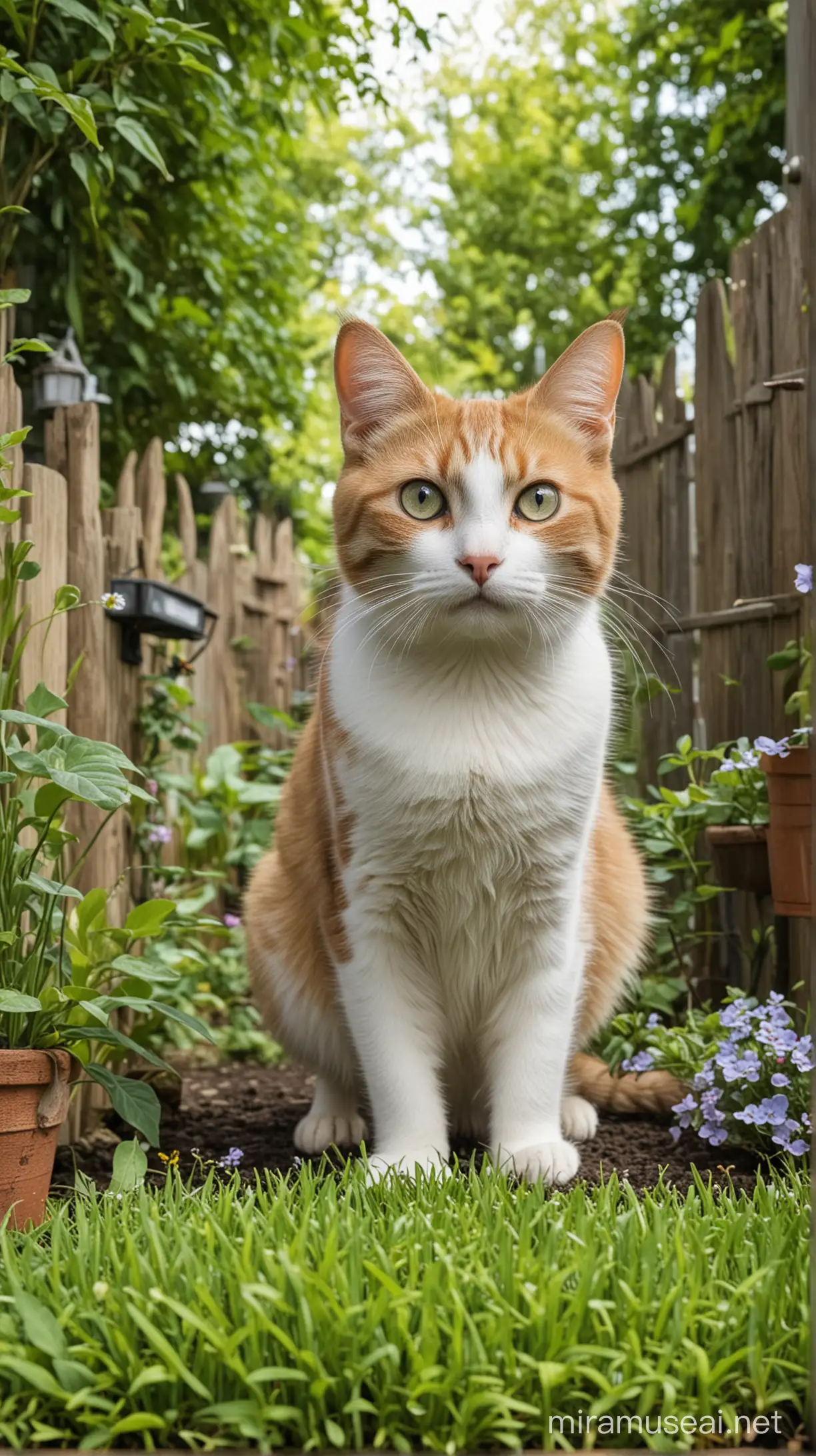 Create a beautiful and humble cat city in a garden and staring at camera with her wide eyes
