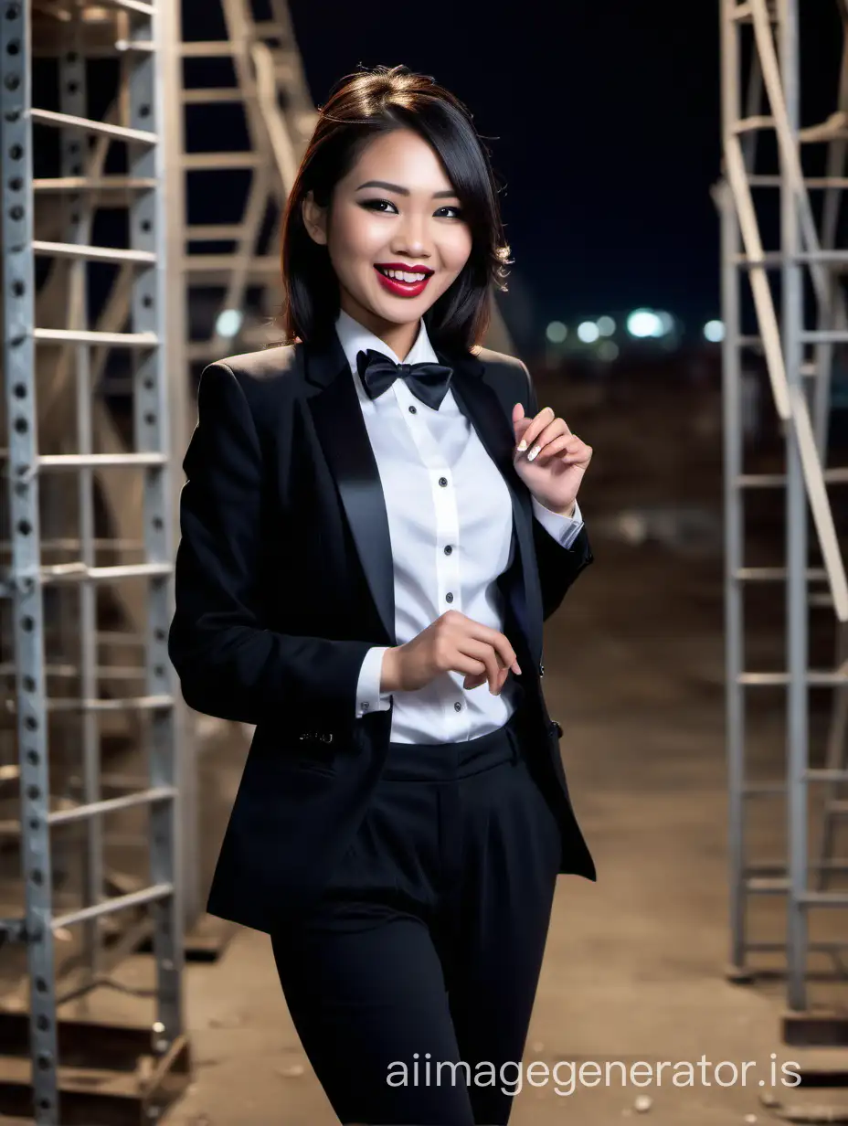 it is night. A stunning and cute and sophisticated and confident indonesian woman with shoulder length hair and  lipstick wearing a black tuxedo with a black jacket.   Her shirt is white with black cufflinks and a (black bow tie) and (black pants).  She is walking toward the end of a scaffold.  She is facing you.  She is laughing and smiling.  She is relaxed. Her jacket is open. She has one hand in her pants pocket.  Her other hand is holding a small shiny black purse.  She is wearing shiny black high heels. 
