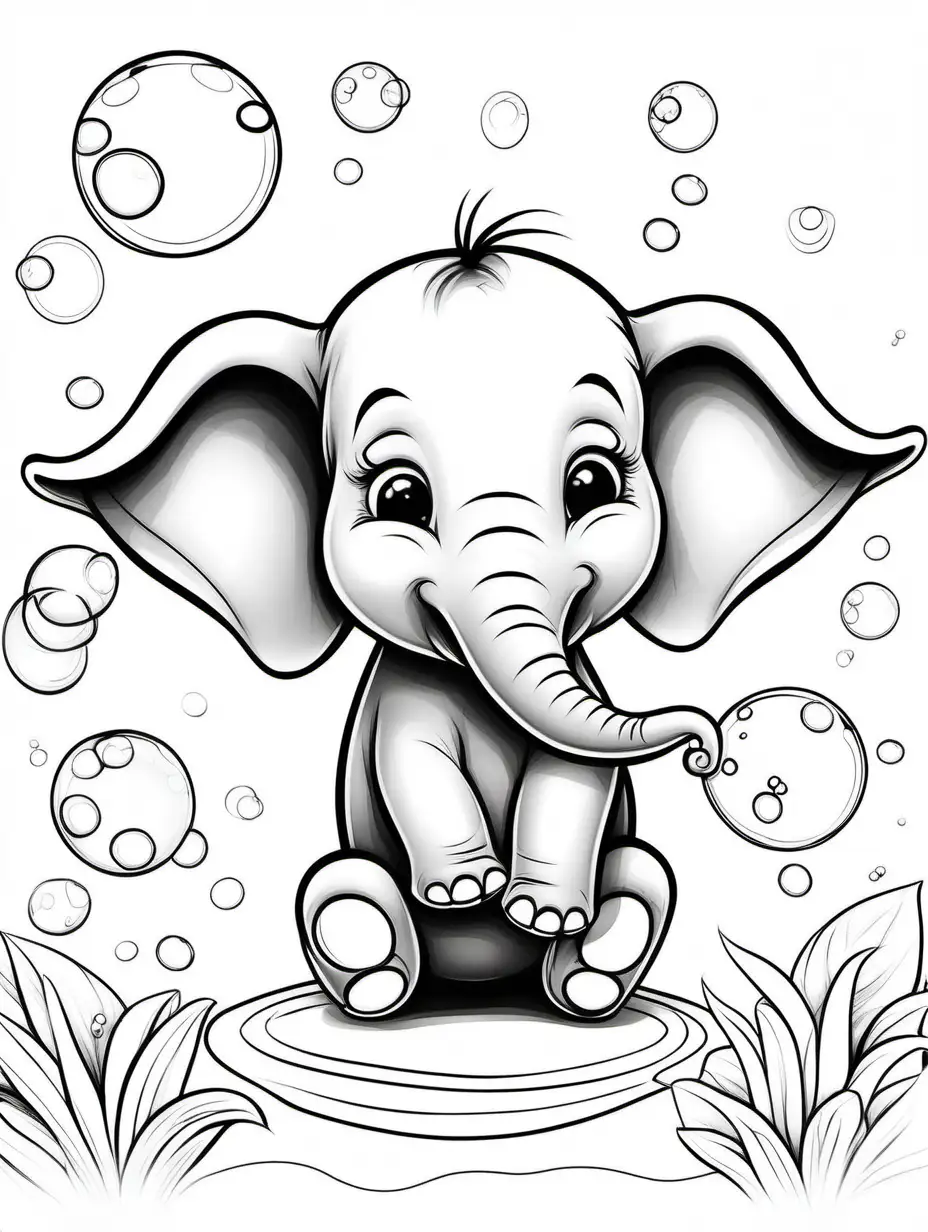 Coloring book, cartoon drawing, clean black and white, single line, in center of aspect ratio 9:16, white background, cute baby elephant blowing bubbles.