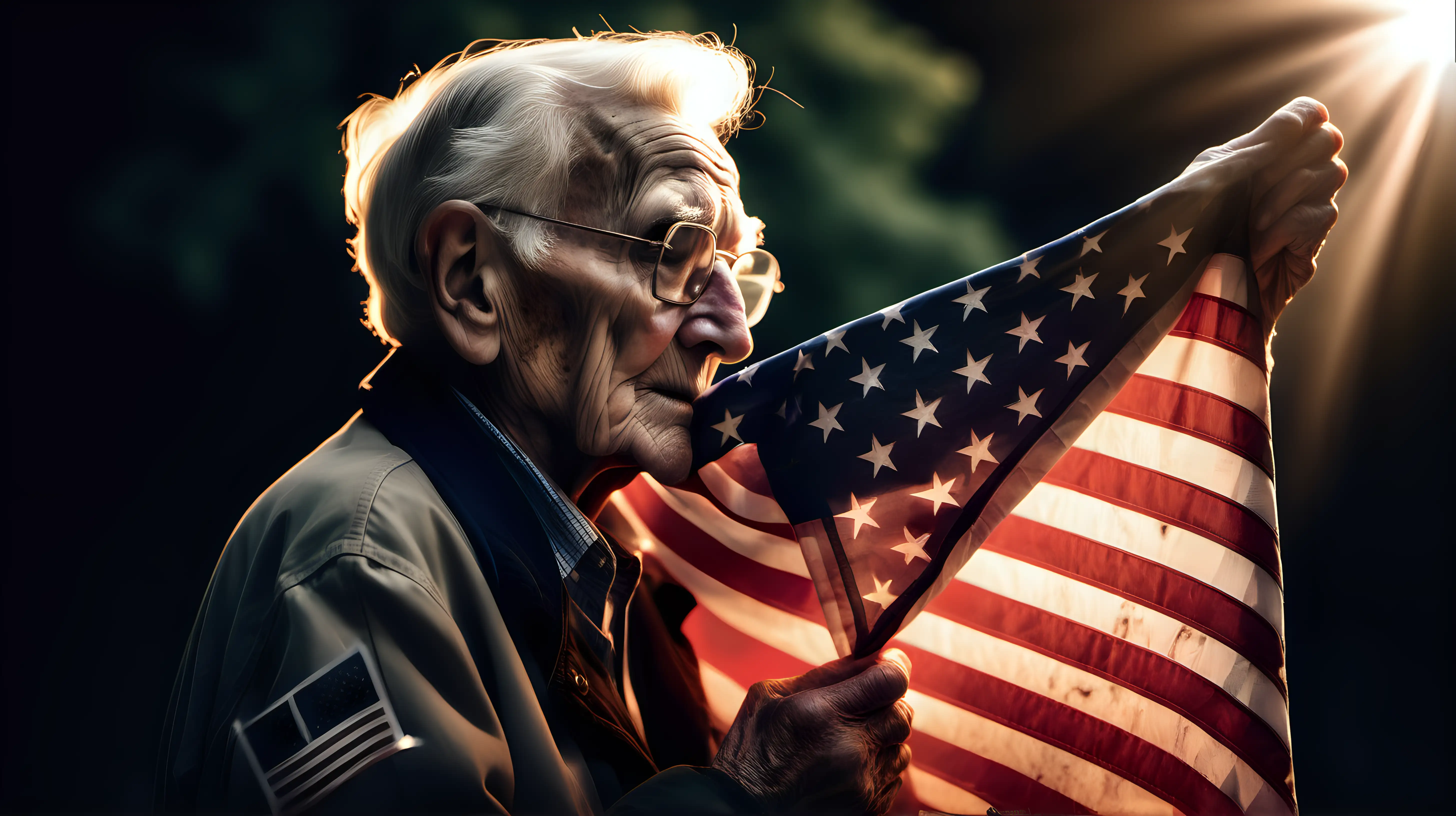 An elderly veteran tenderly holding a glowing American flag, the light illuminating their weathered features, a testament to a lifetime of devotion and sacrifice for their nation.