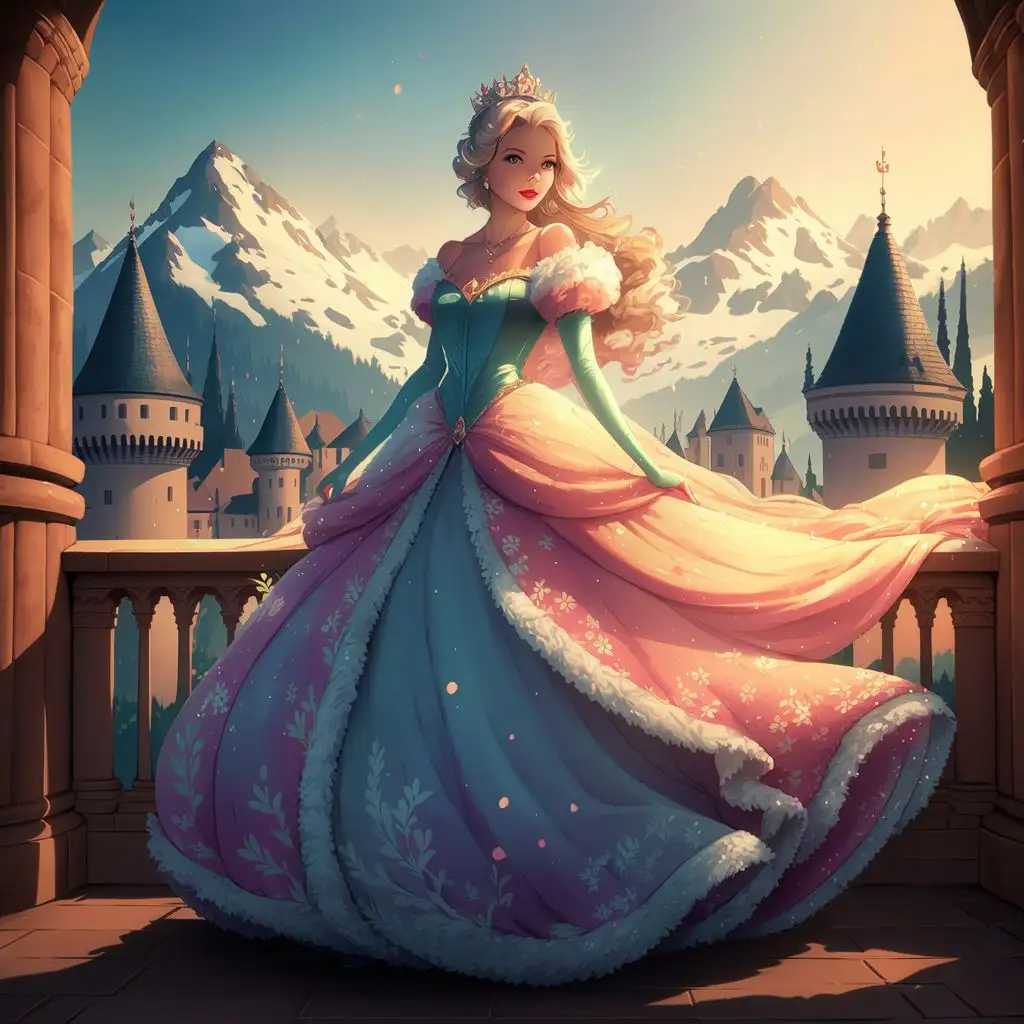 princess in a castle overlooking the mountains