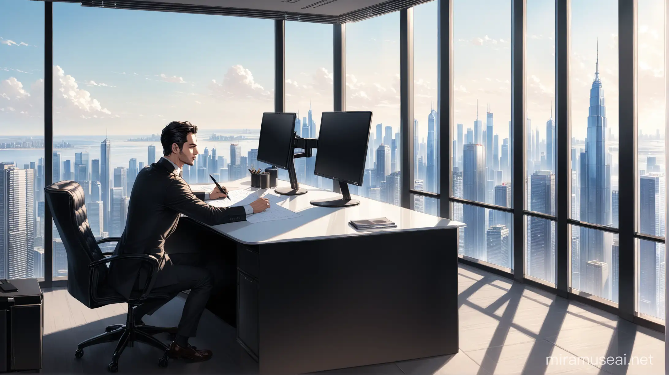 A man ina well tailored black coat writing a draft on his large monitor sitting in a posh corner office overlooking the skyscrapers during the daytime