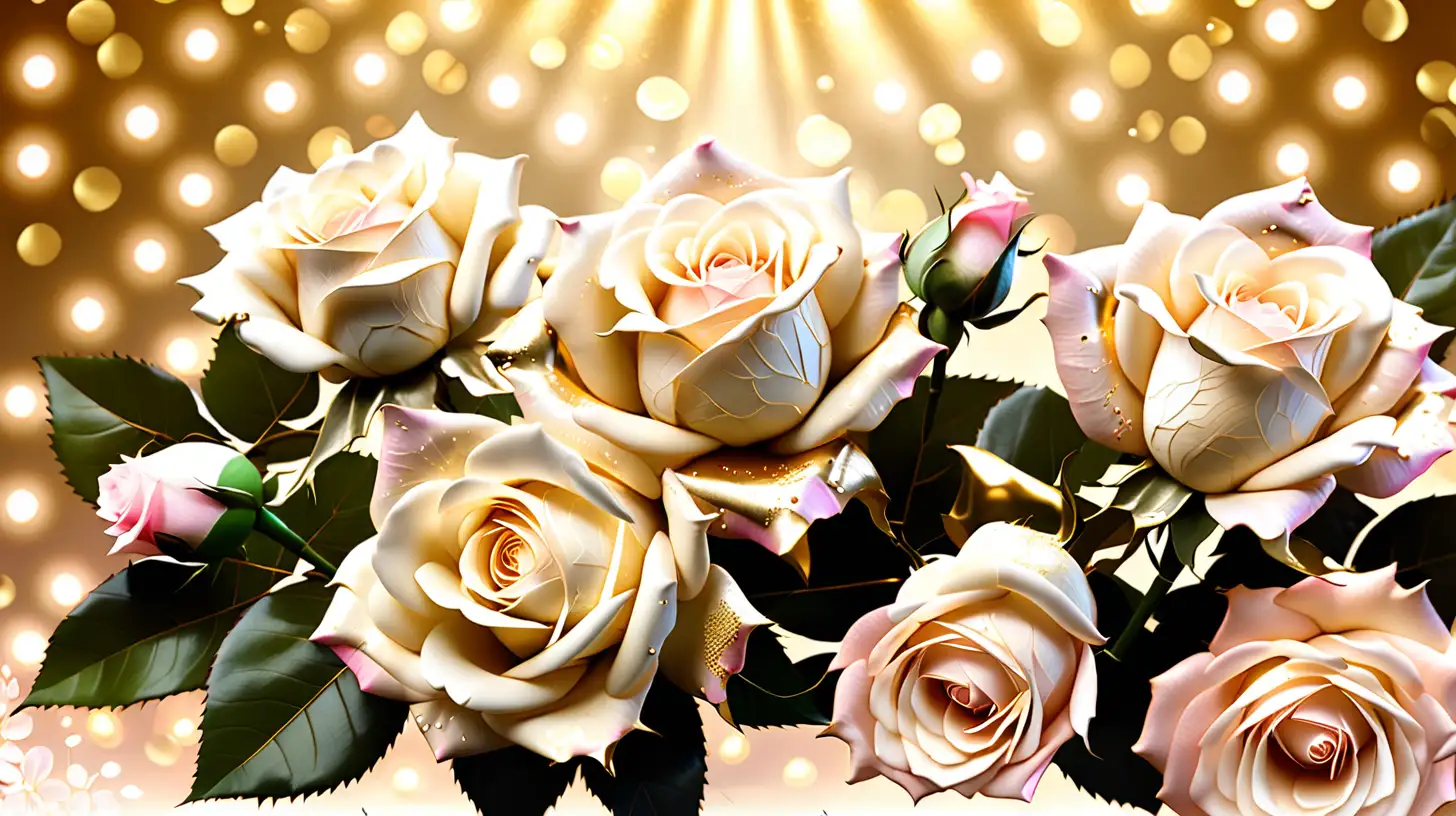 create an elegant background filled with cream colored roses as well as light pink flowers with gold light effects 