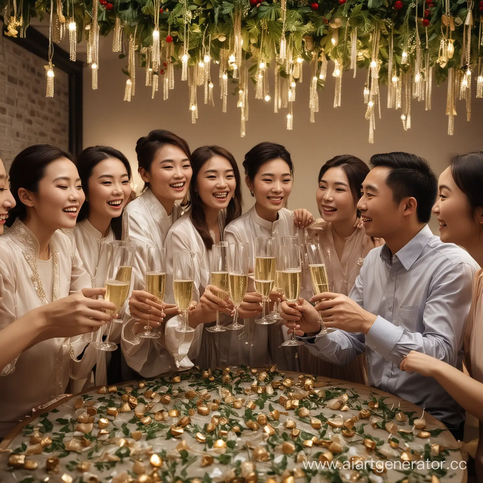 photo a company of modest Chinese drinking champagne at a party in the light of garlands