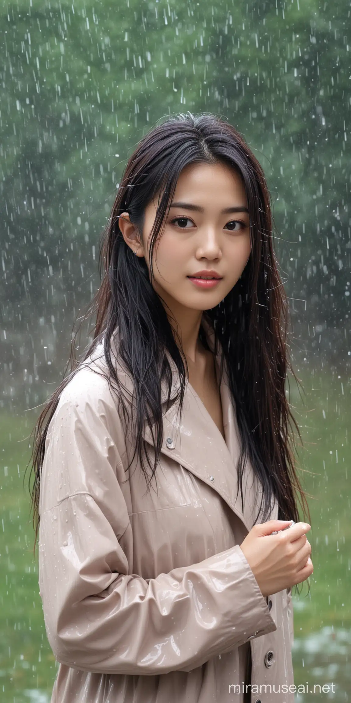 Chinese Woman Embracing the Rain in Park