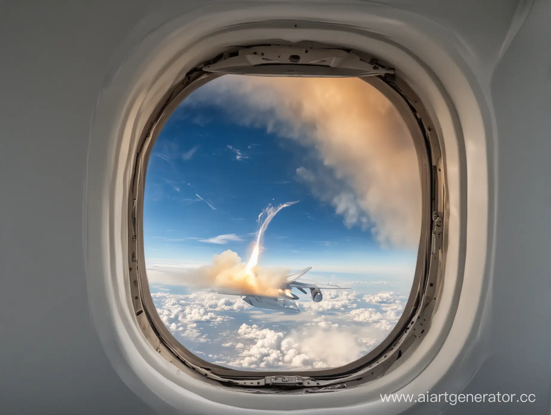 иллюминатор самолета, где видно облака и двигатель самолета в огне