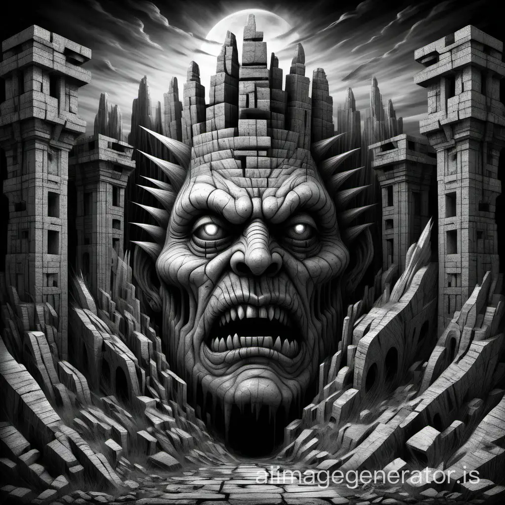 monster face using black and white art, monumental figures, in the style of fantastical ruins, high detail