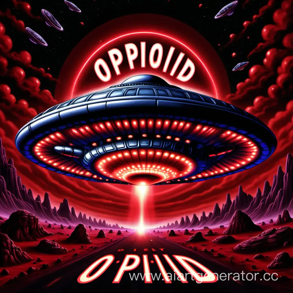 Обложка для песни в стиле репера yeat, реалистичная летающая тарелка, вокруг присутствует красное свечение, сверху инопланетным штрифтом написано OPIOID 