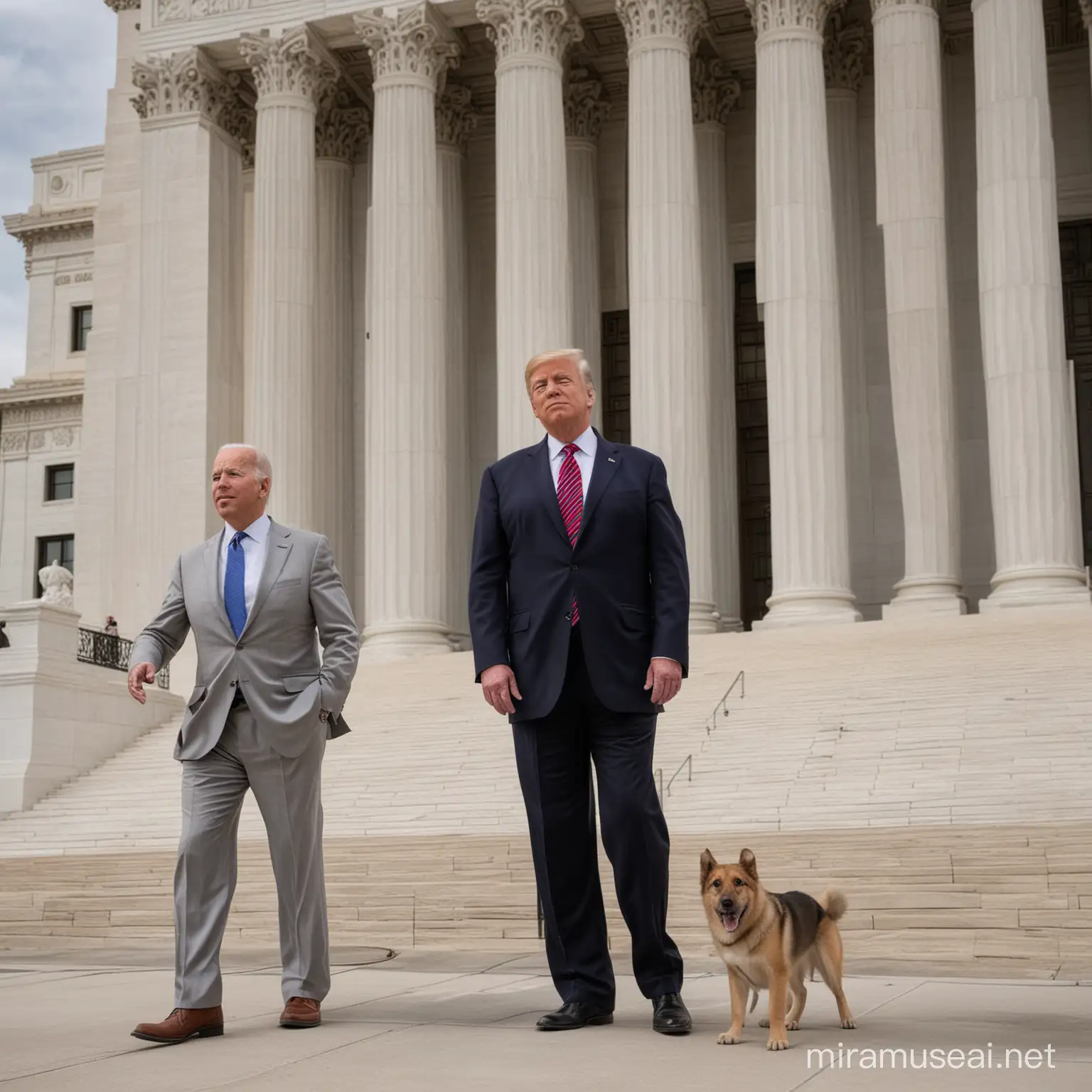 Joe Biden and Donald Trump looking up towards the Supreme Court from the street