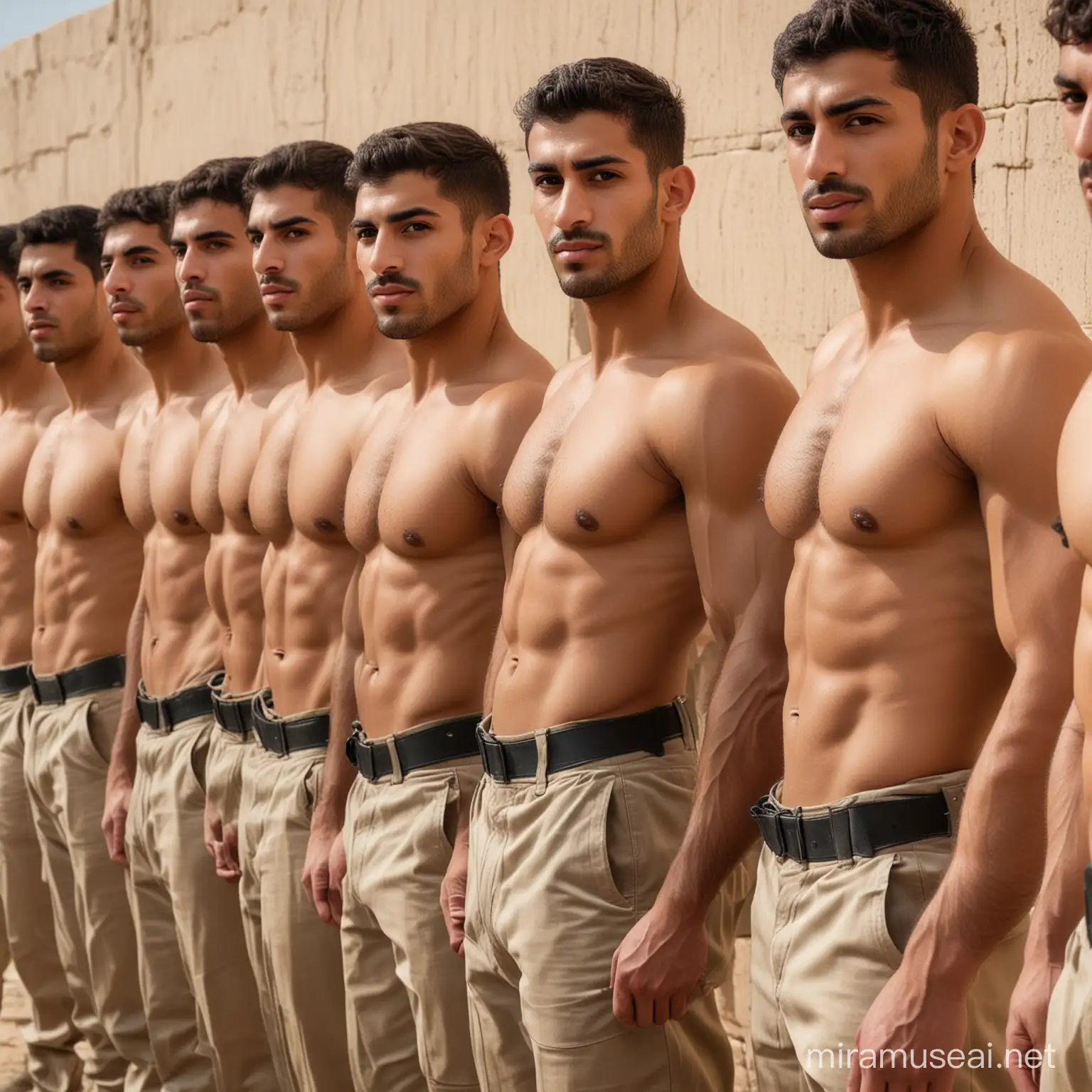 A group of hot handsome, brawny middle eastern male soldiers, age 22{, shirtless, lined up