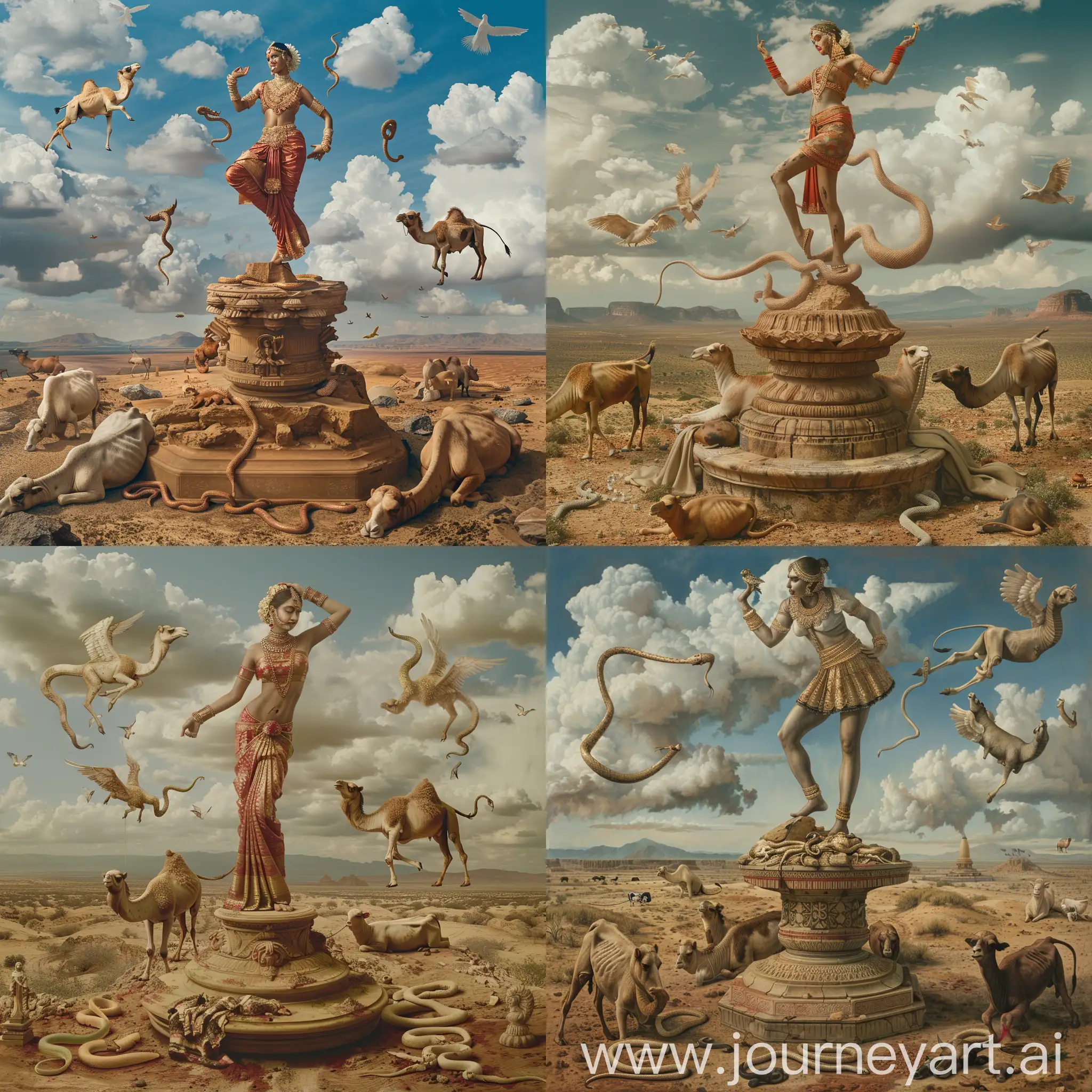 generate me a picture of a traditional indian dancer's statue unfinished standing in posture of a indian traditional dance on a pedestal in a desert with dead camels and cows lying in her feet and snakes emerging from the ground and clouds taking shape of angels make it in johannes vermeer style of art