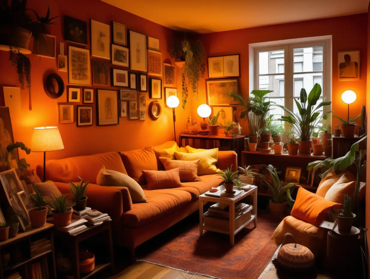 A cluttered Living room with warm tones oranges and yellows. dimly lit with lamps. potted plants and plenty of warm coloured pillows. walls are covered in art of all kinds and sizes
