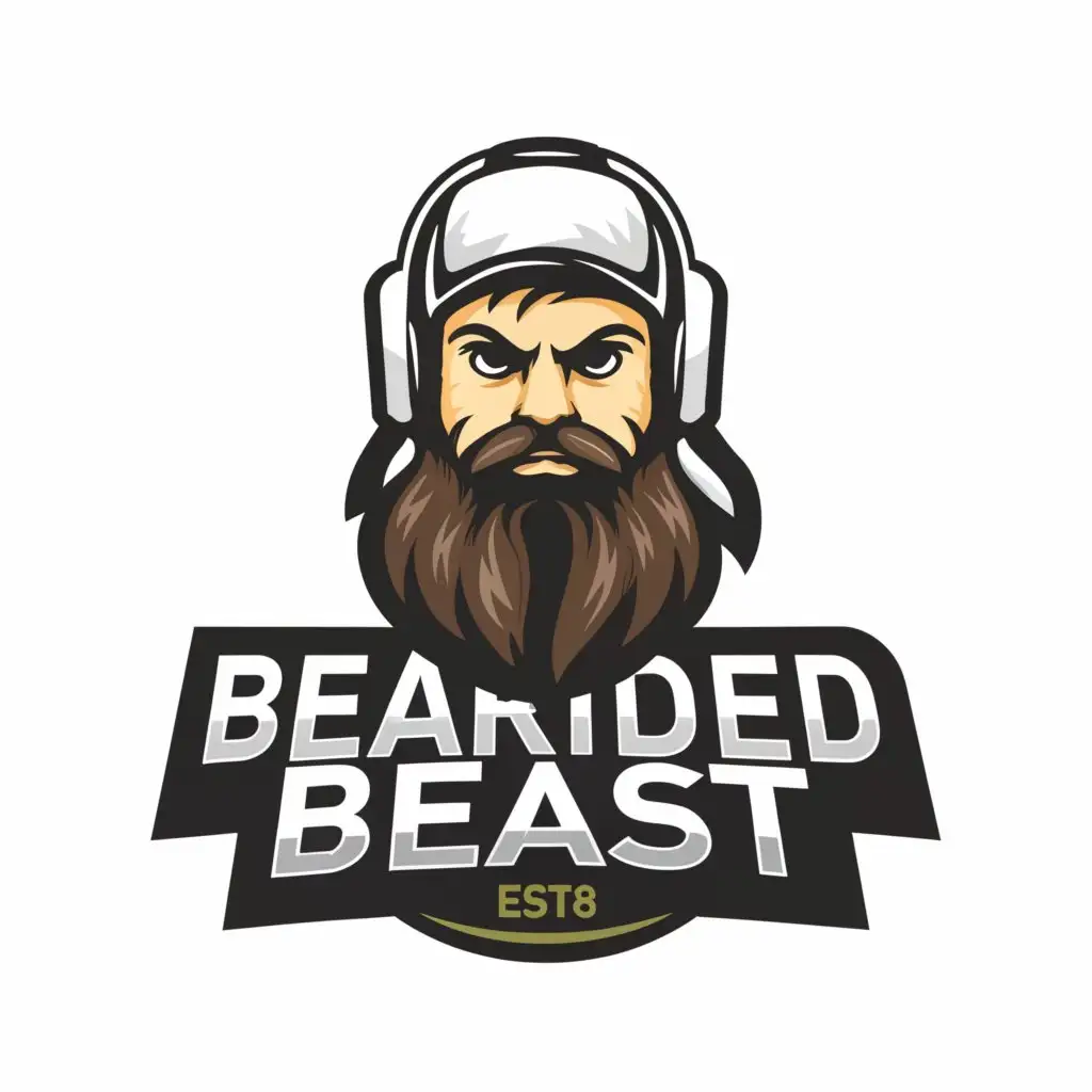 a logo design,with the text 'Bearded Beast', main symbol:Esports gamer logo, gaming, big black beard, backwards cap, white headset,Minimalistic,clear background