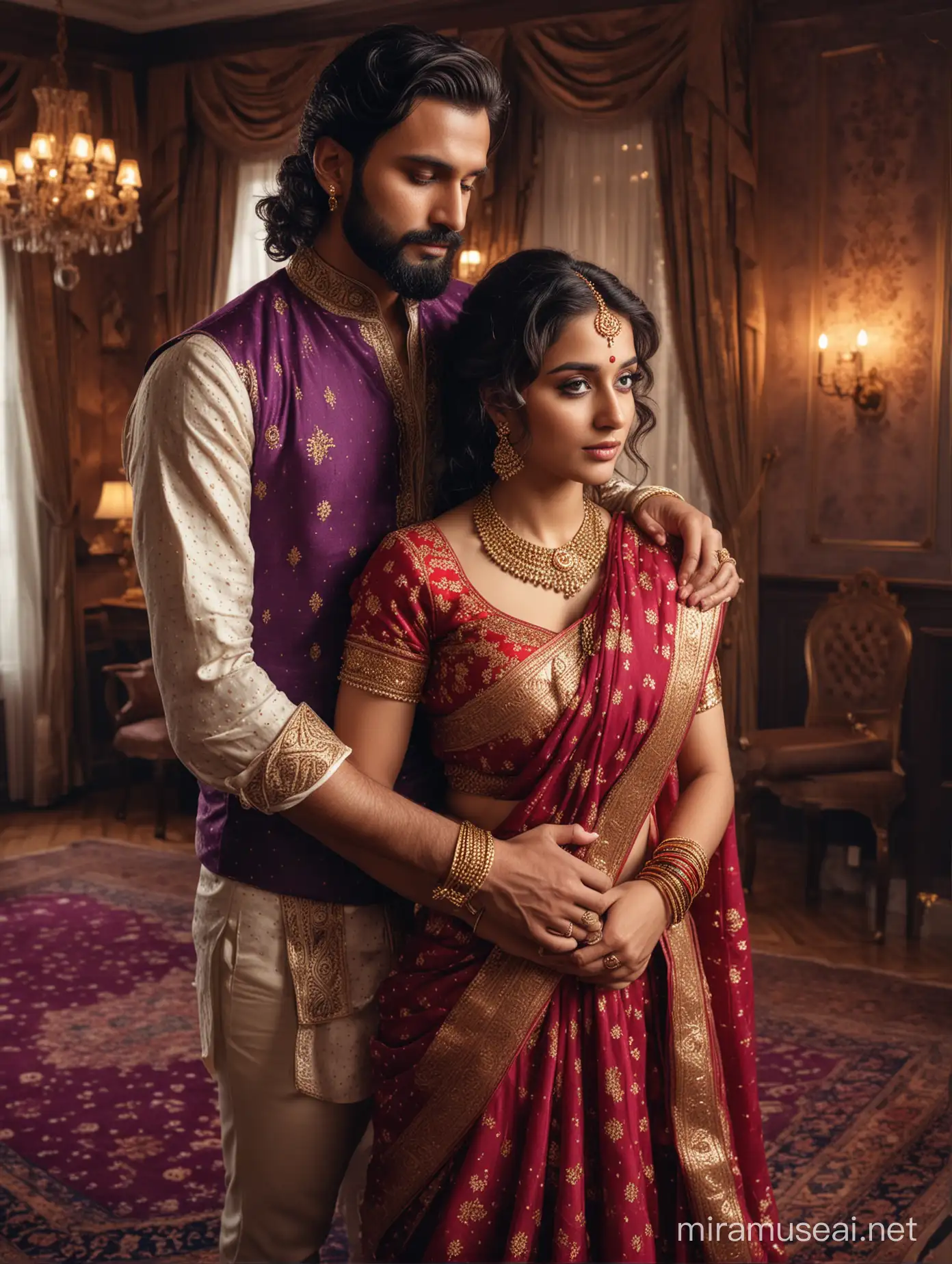 full body view portrait photo of most beautiful european couple as most beautiful indian couple, 28 mm lens, waist shot, most beautiful cute girl in elegant saree, bold color, wide black eyes, full face, girl has long curly hair falling on breasts, full makeup, bridal makeup, perfect red dot on forehead, full jewelry, hair ornaments, antique gold necklace, blouse low cut, man embracing girl and resting forehead on chest of girl  with deep emotion, girl  comforting man with hands around him, man with stylish beard and perfect hair cut, formals  and tie, ultra  photo realistic, intricate details, 
background, vintage lamps, dark low lighting  palace interior ambiance, purple color carpet, interior designs, big window for outside view, romantic atmosphere, intricate details, 8k.