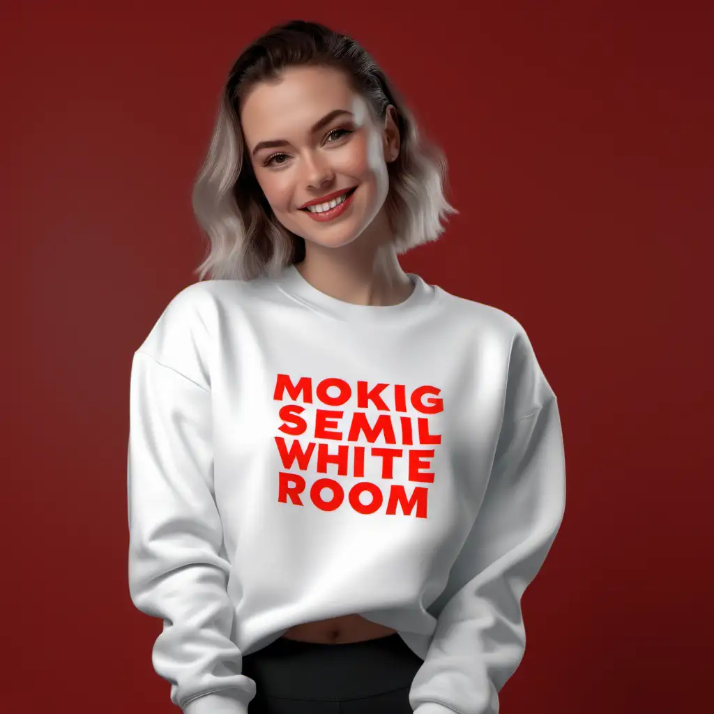 WHITE WOMAN  SEMI SMILE wearing a plain WHITE ,Gildan 18000 sweatshirt, and BLACK LEGGINGS mockup, aesthetic --s 50 RAINING RED ROMANTIC ROOM SETTING BACKGROUND
