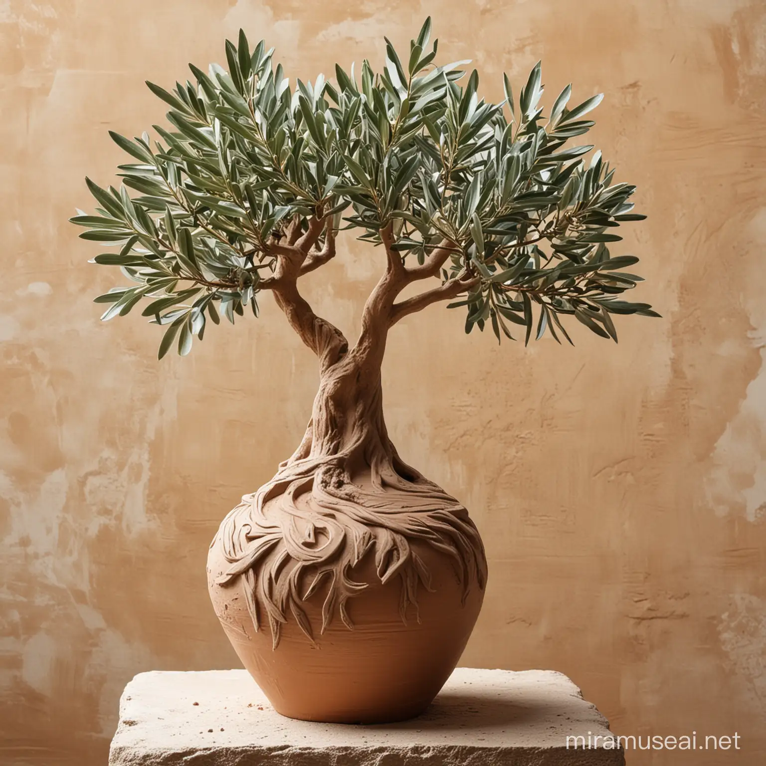 Artistic Clay Vase Sculpted with Olive Tree Design