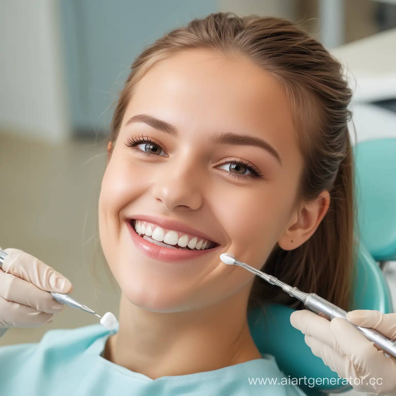 Девушка в кабинете стоматолога улыбается 