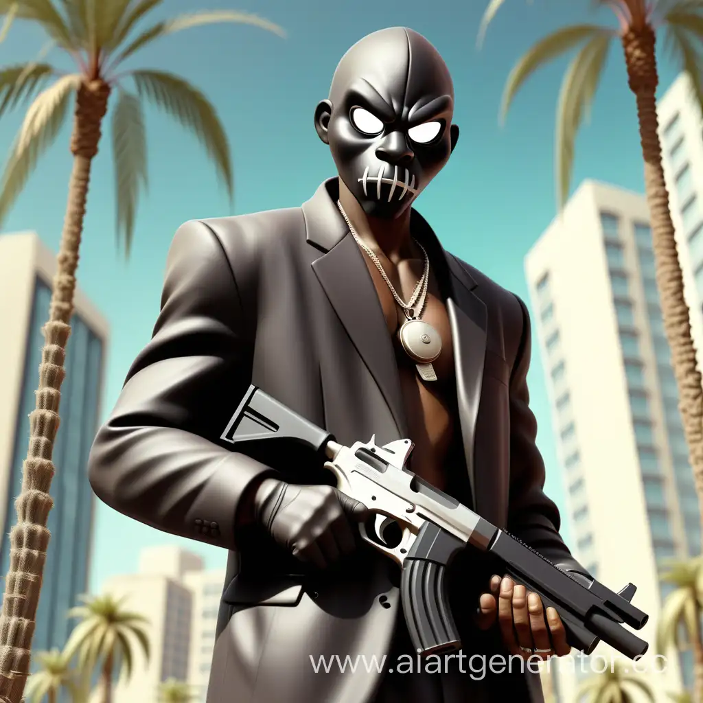 A picture of a black gangster from the creeps gang in a mask with a gun on the background of a metropolis with palm trees