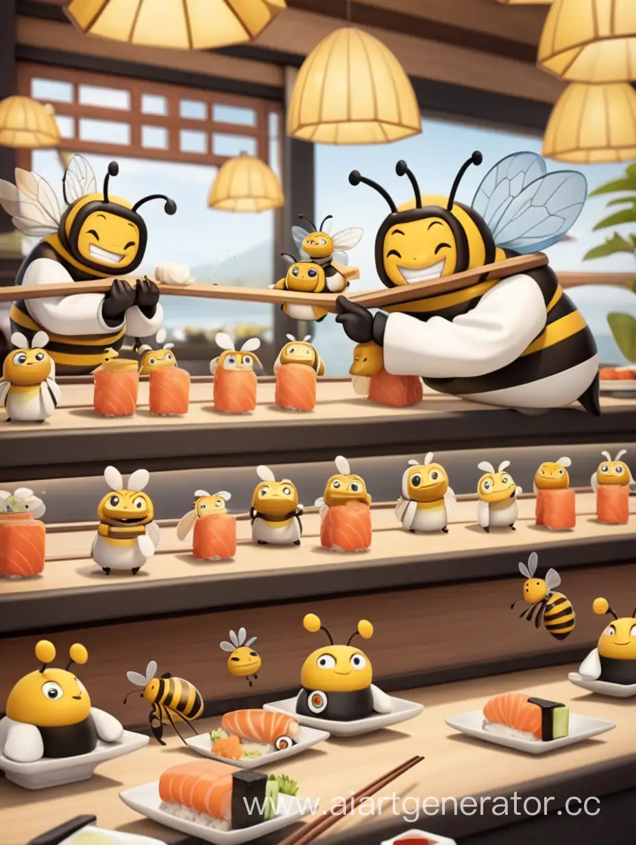 Busy-Bees-Enjoying-Sushi-Delights-in-a-Cozy-Cafe-Setting
