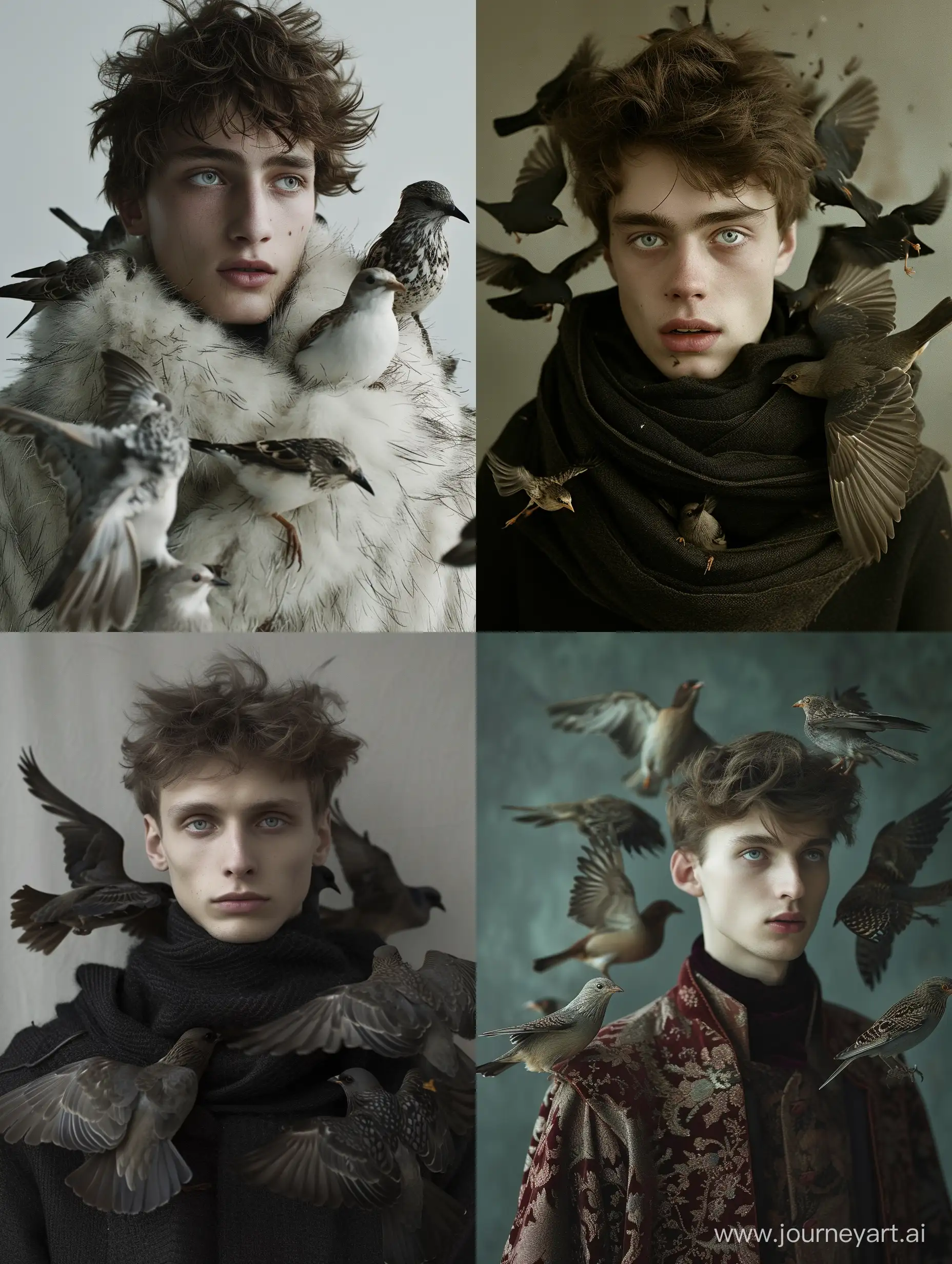 hyperrealistic photo a 20 y.o slavic guy with birds in fashion style Annie Leibovitz