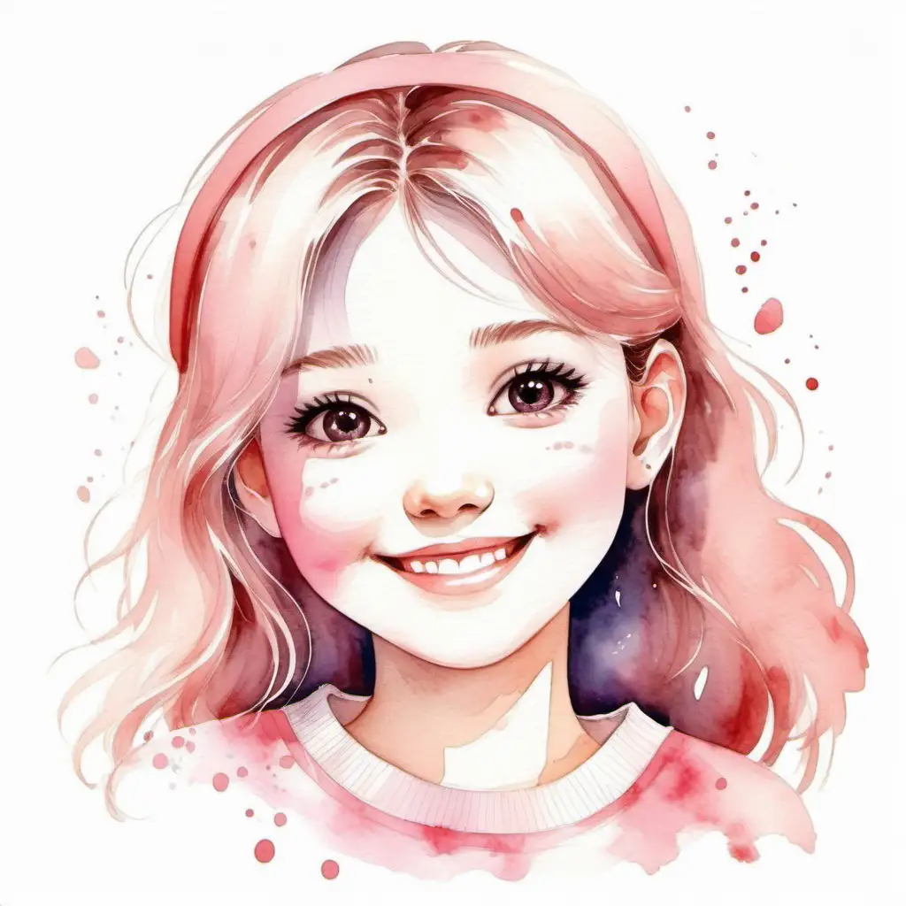 Cheerful Pink Watercolor Illustration of a Cute Girl on a White Background