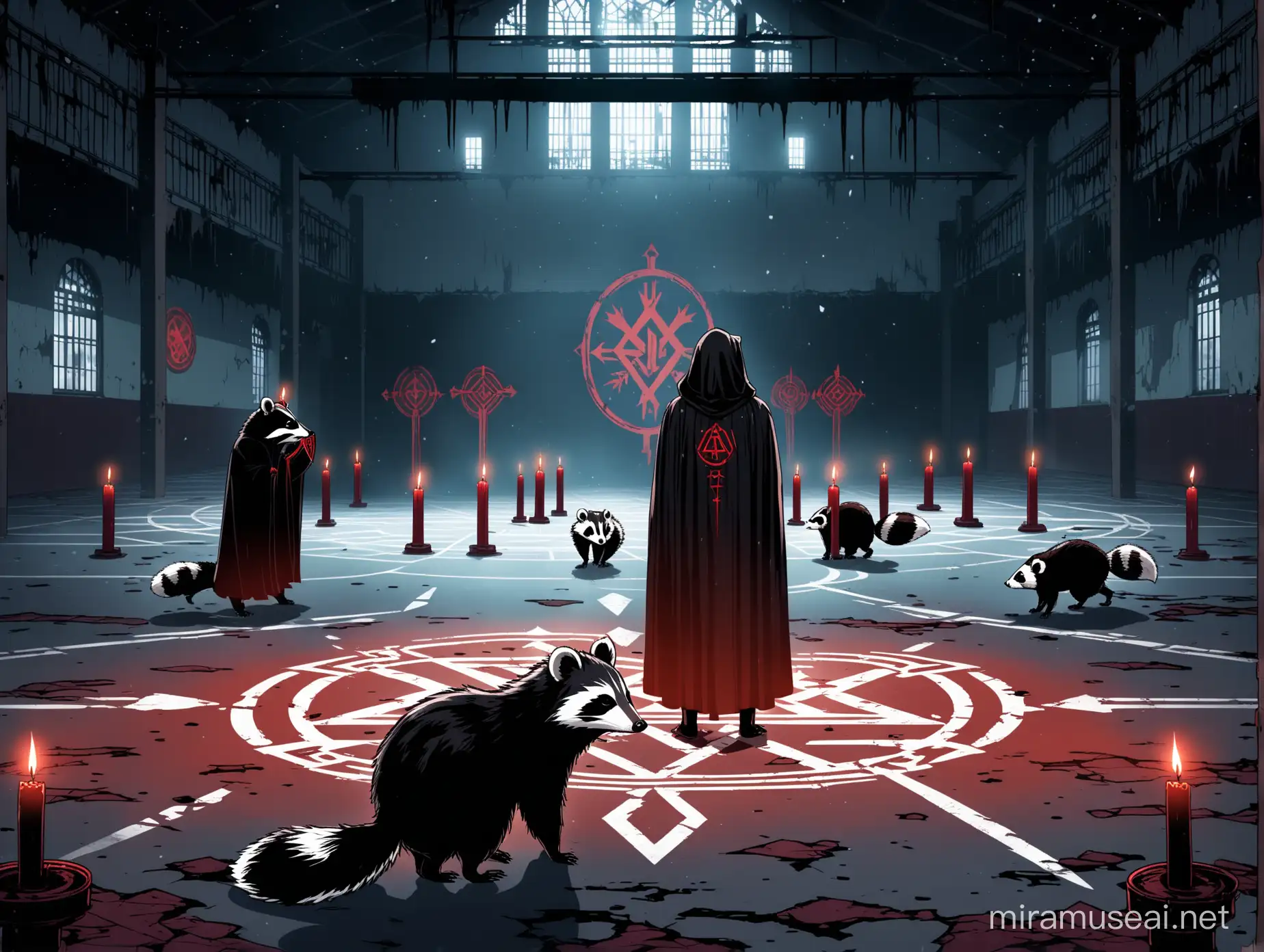 a raccoon and opossum and a skunk wearing cloaks are summoning the dark lord in an abandoned high school gym, there are black candles all over the gym, there is an alter in the center with a sacrifice on it, there is a large round runic sigil on the ground in red, spirits are visible in the background