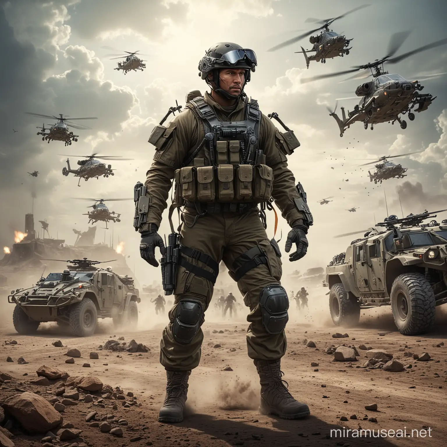Soldier of the future with a lot of strength surrounded by teams in action helicopters and all-terrain vehicles