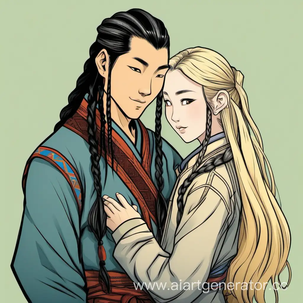 Молодой мужчина, монгол, длинными черными с косами, с лопоухими ушами, обнимает девушку с длинными русыми волосами