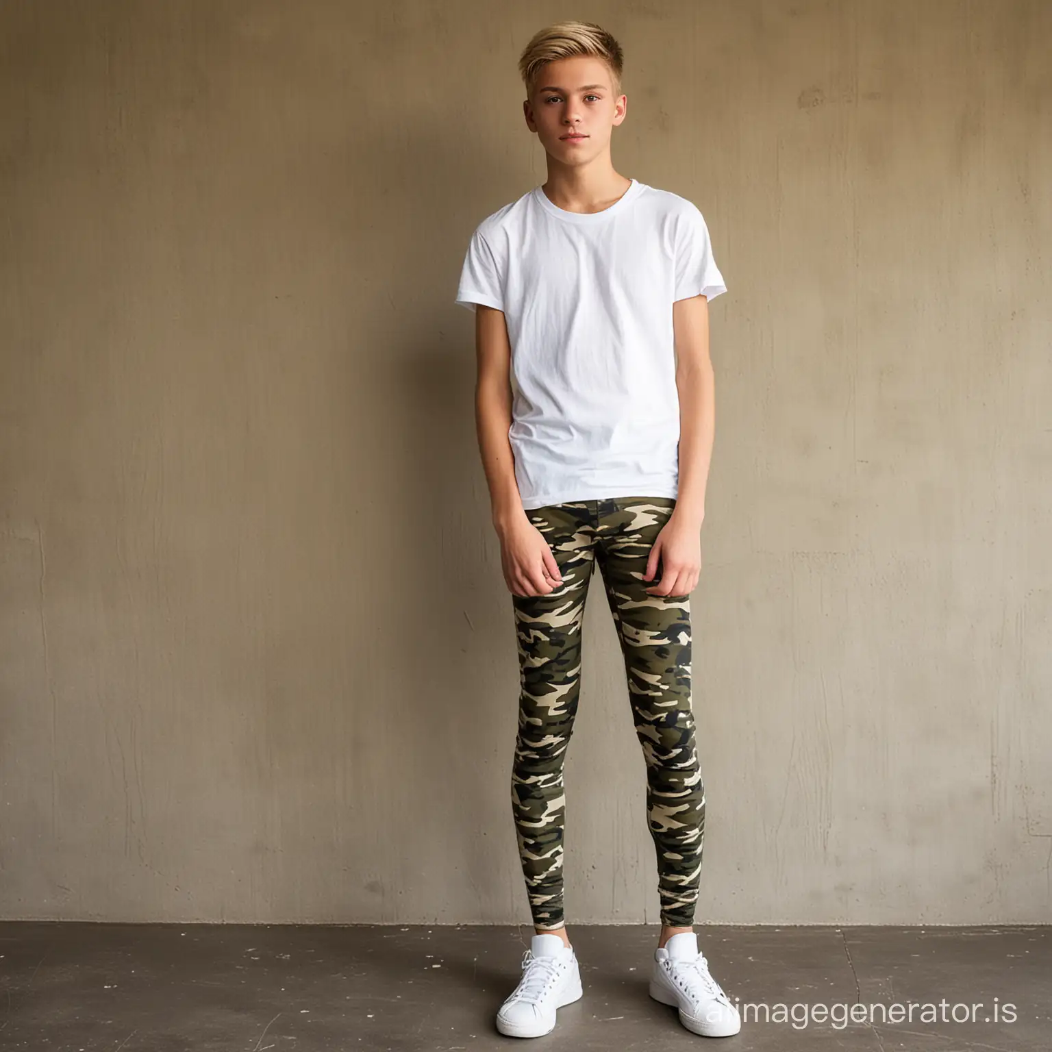 Skinny-Blonde-Boy-in-Camouflage-Tights-and-White-TShirt