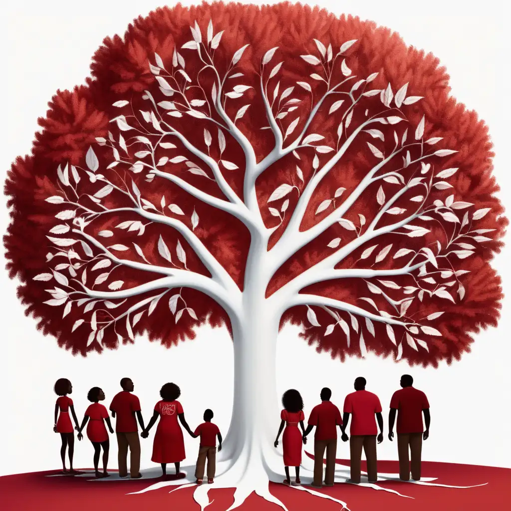family reunion tree in red and white with various shade of brown people around the tree.  with a white background