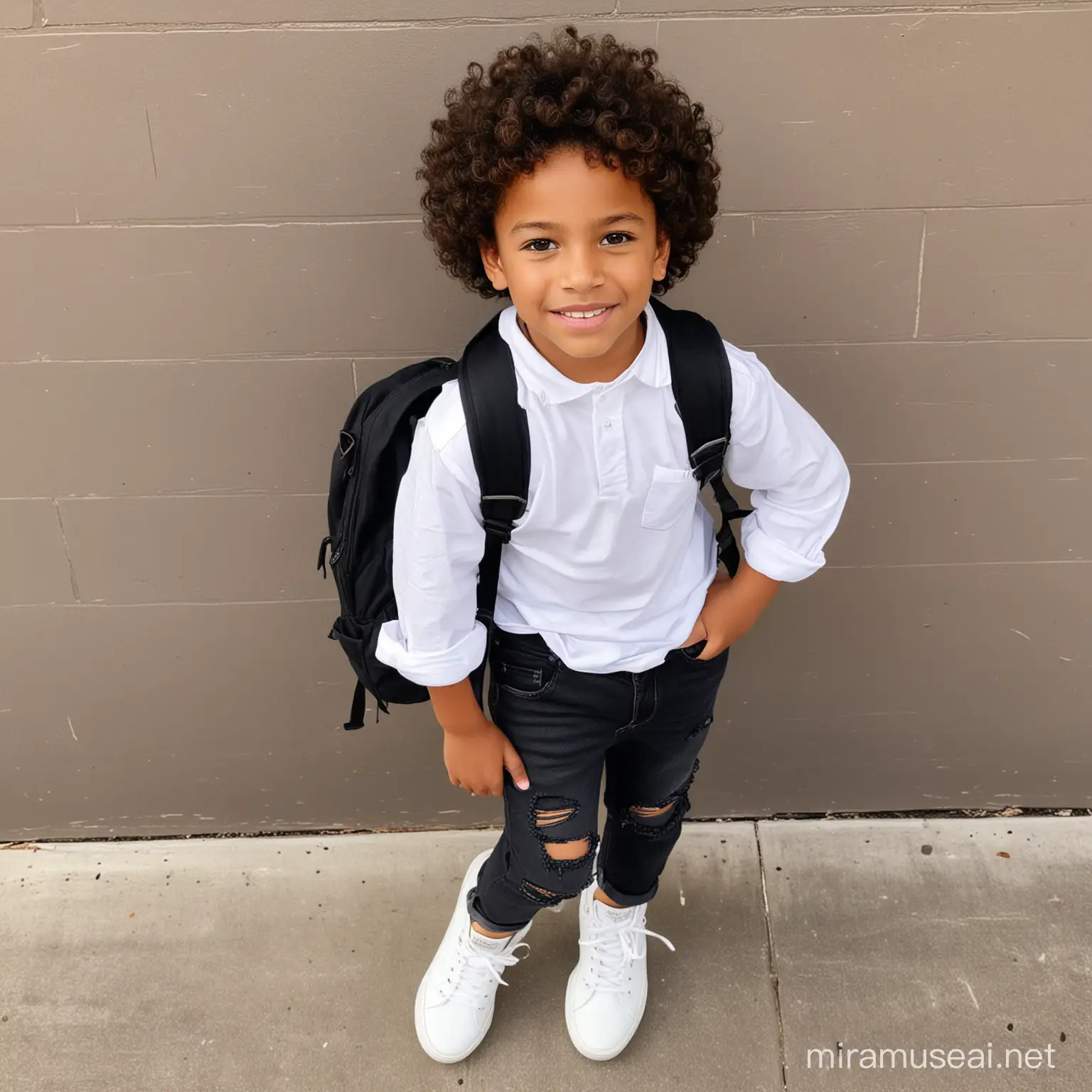 Adorable School Boy with Curly Hair and Backpack