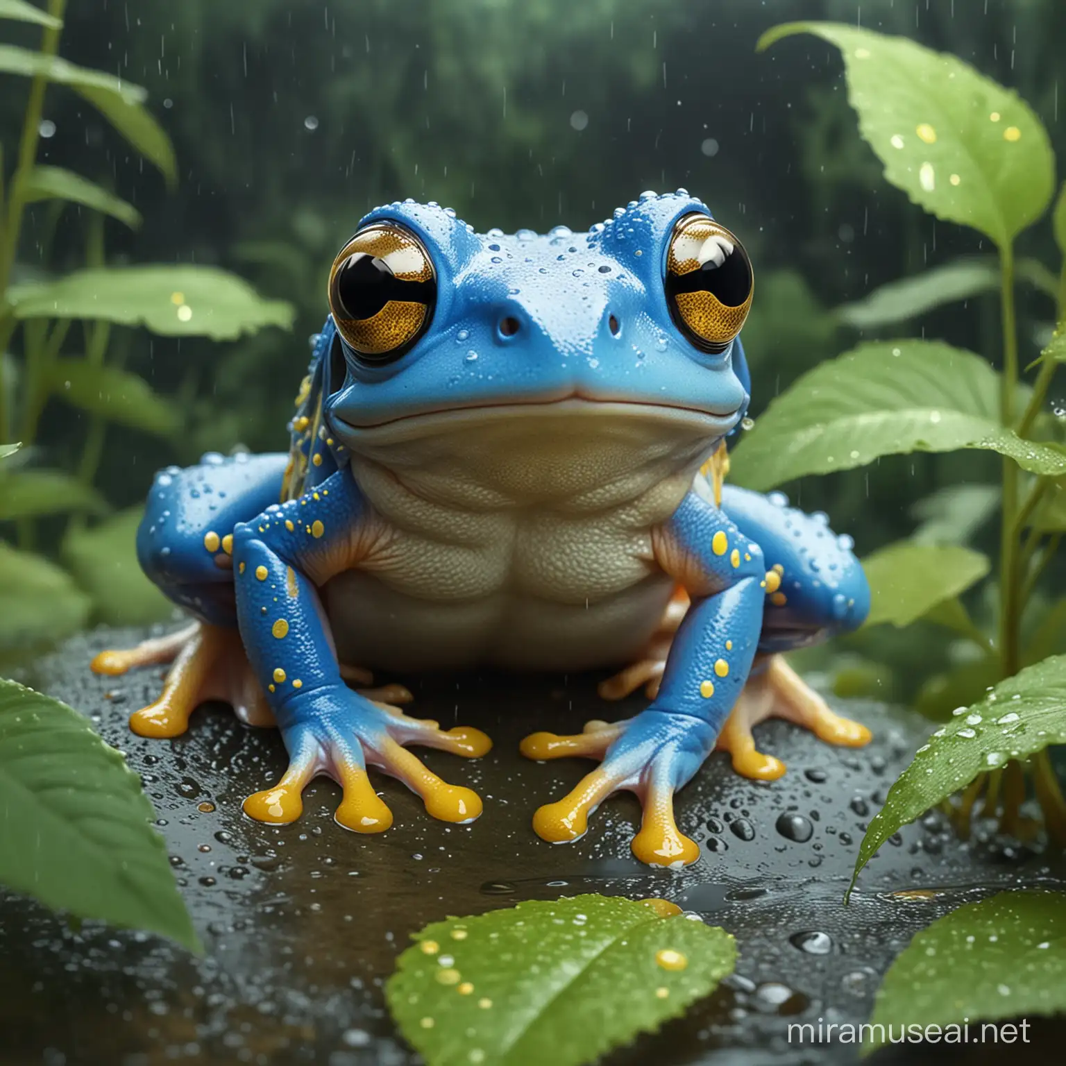 Kawaii stil, Illustration: 
Japanischer Laubfrosch 
Ein kleiner, blauer Frosch mit gelben flecken mit goldfarbenen Augen, der in feuchten Wäldern und Sümpfen lebt. .illustration, kawaii stil