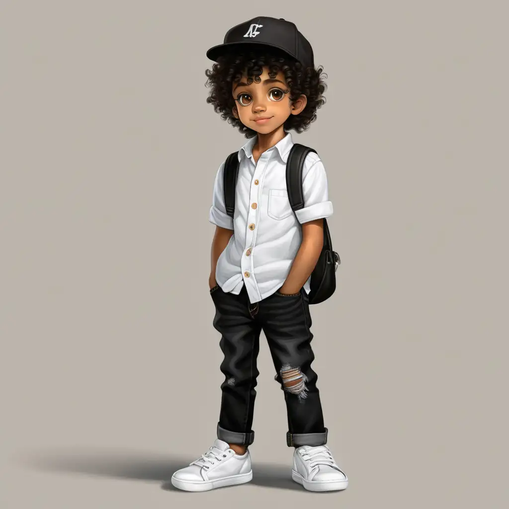 Little black school aged boy with a cap on and big brown eyes curly hair wearing black jeans and a white shirt and white shoes