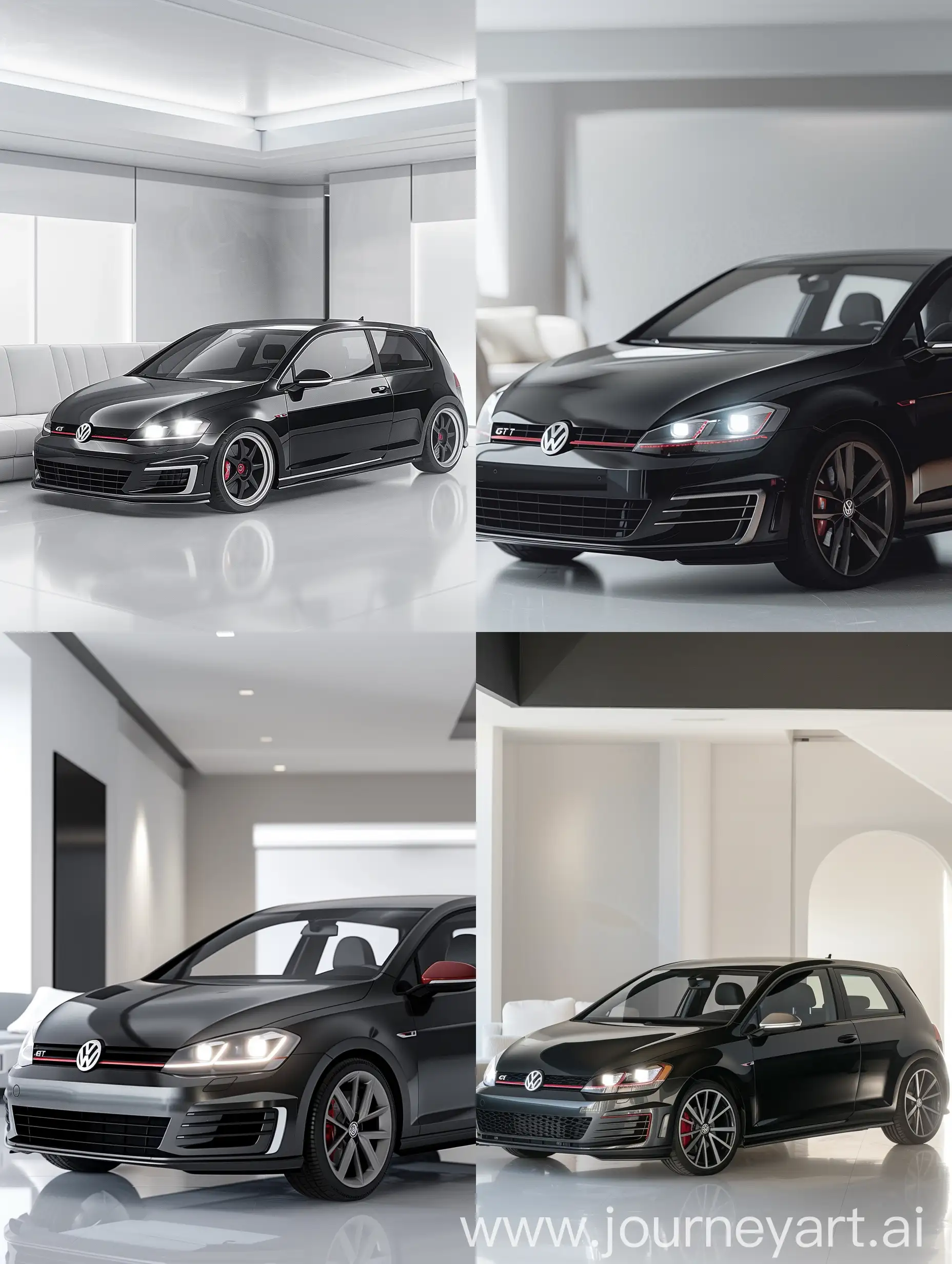 side front VIEW OF Black Volkswagen Golf Gti , in a White living room, CAMERA PHOTOGRAPH, Cinematic FILM LUT, Headlights On , HIGH RESOLUTION, VERY INTRICATED DETAILS