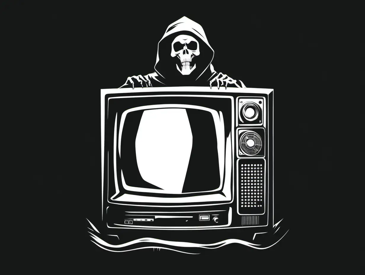 Black and white stencil of the grim reaper holding an old tv, in the style of banksy, minimalist, simplicity, vector art, isolated on black background -v 5