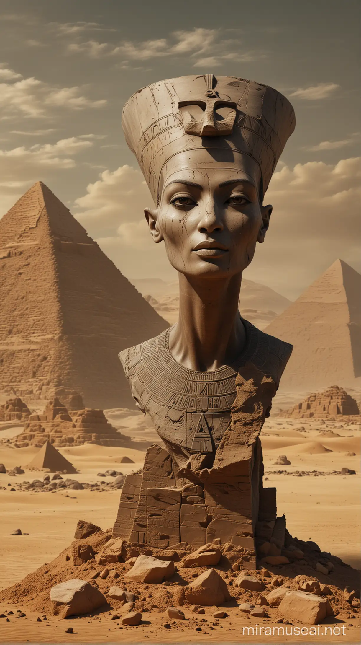 Nefertiti siniestra,terror,ensangrentada,simbología egipcia,texturas orgánicas,realista,colores grises y ocres,fondo desierto y piramides