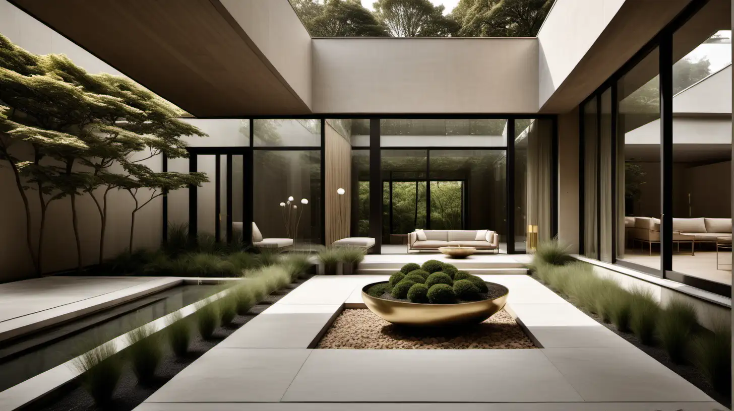 Elegant Modern Minimalist Courtyard with Lush Gardens and FloortoCeiling Windows