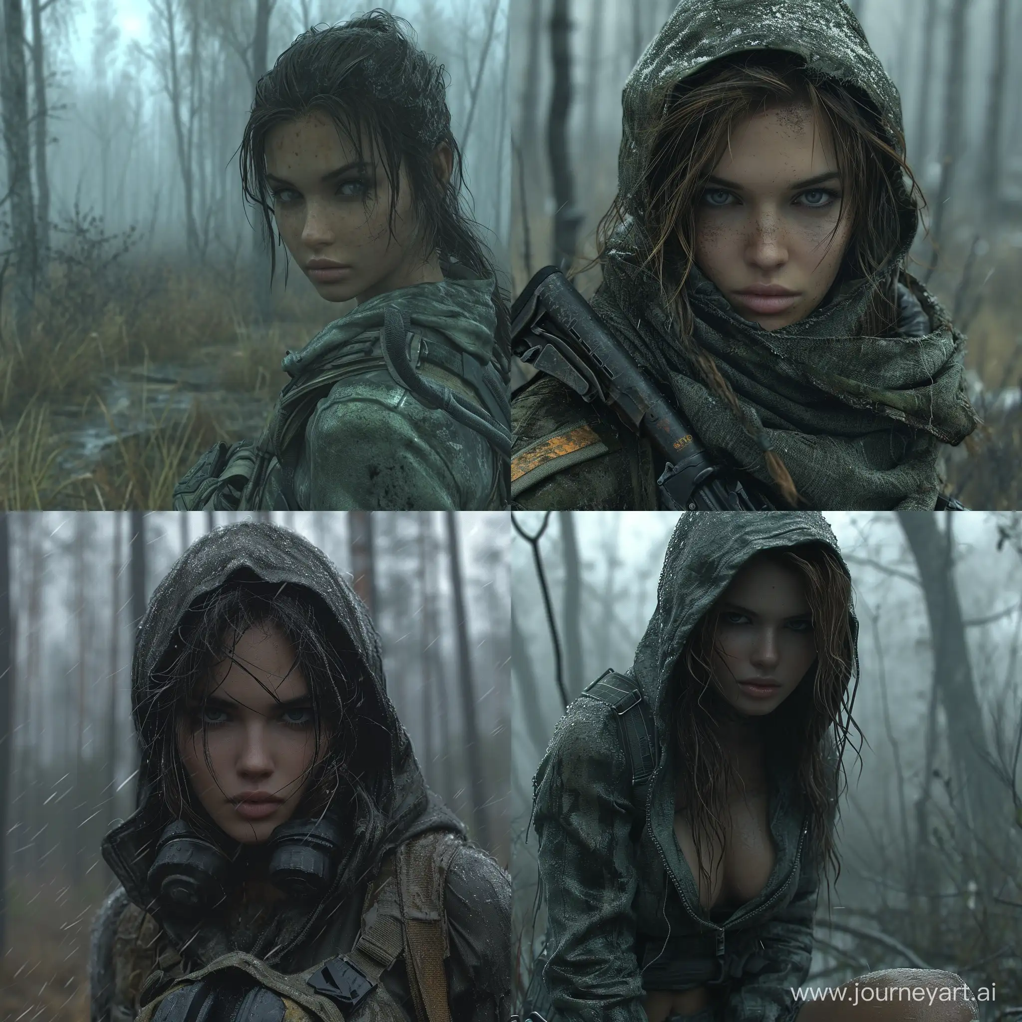 Beautiful female mercenary in videogame S.T.A.L.K.E.R dark weather dead trees --s 500 --style raw --v 6