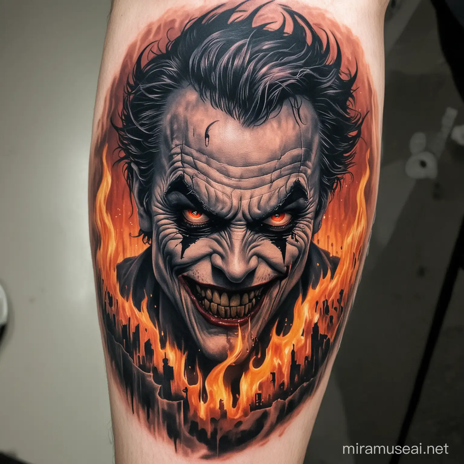 tatuaje de joker maldito con fuego en los ojos