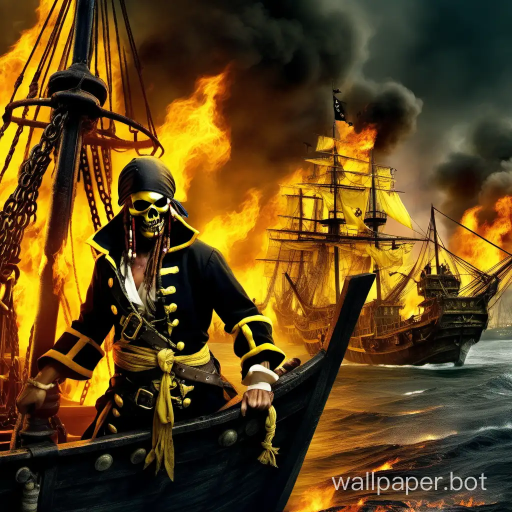 Пираты в чёрно-жёлтых худи улывают из горящей гавани крупным планом